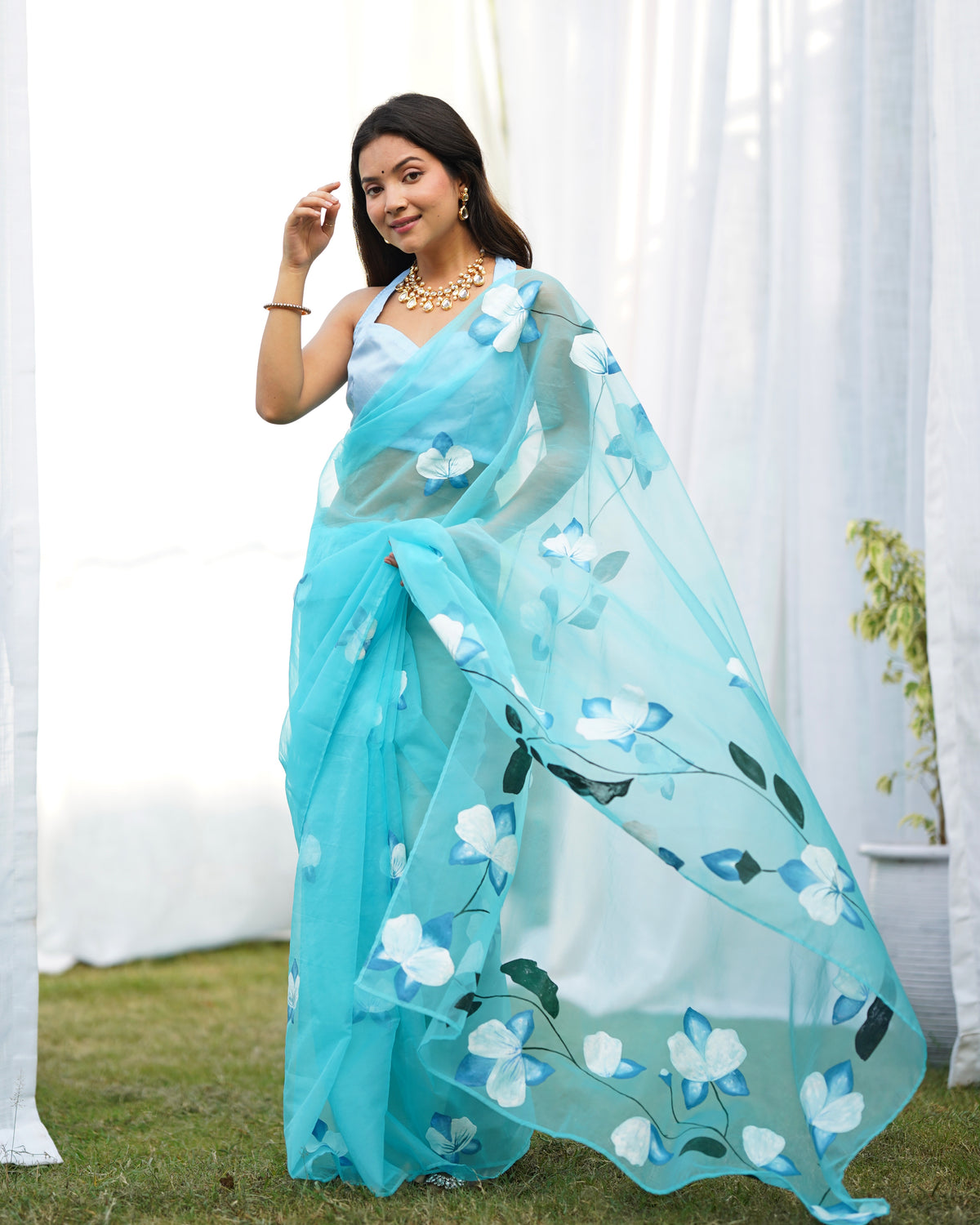 Blue Organza Handpainted Saree