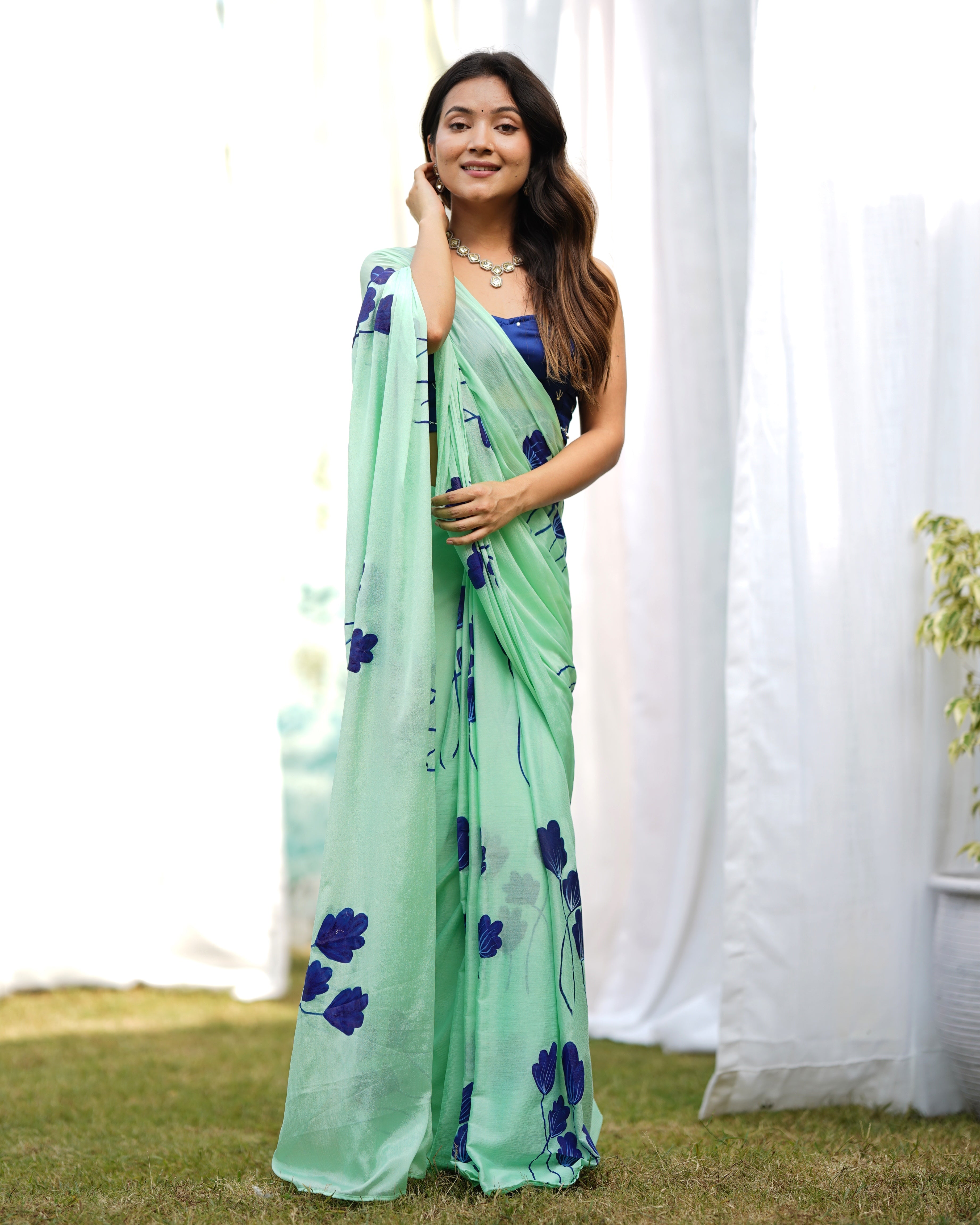 Misty Green Handpainted Draped Saree