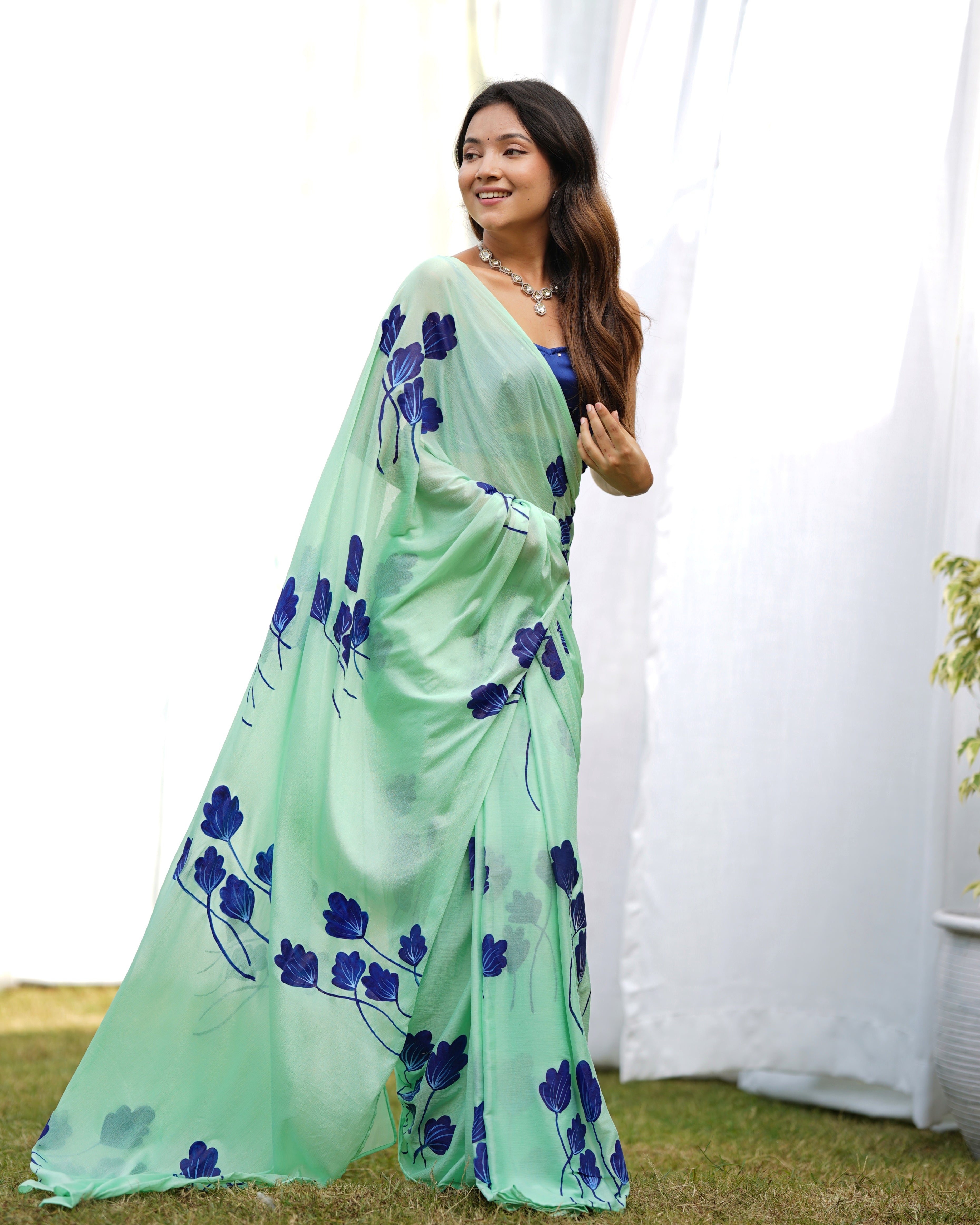 Misty Green Handpainted Draped Saree