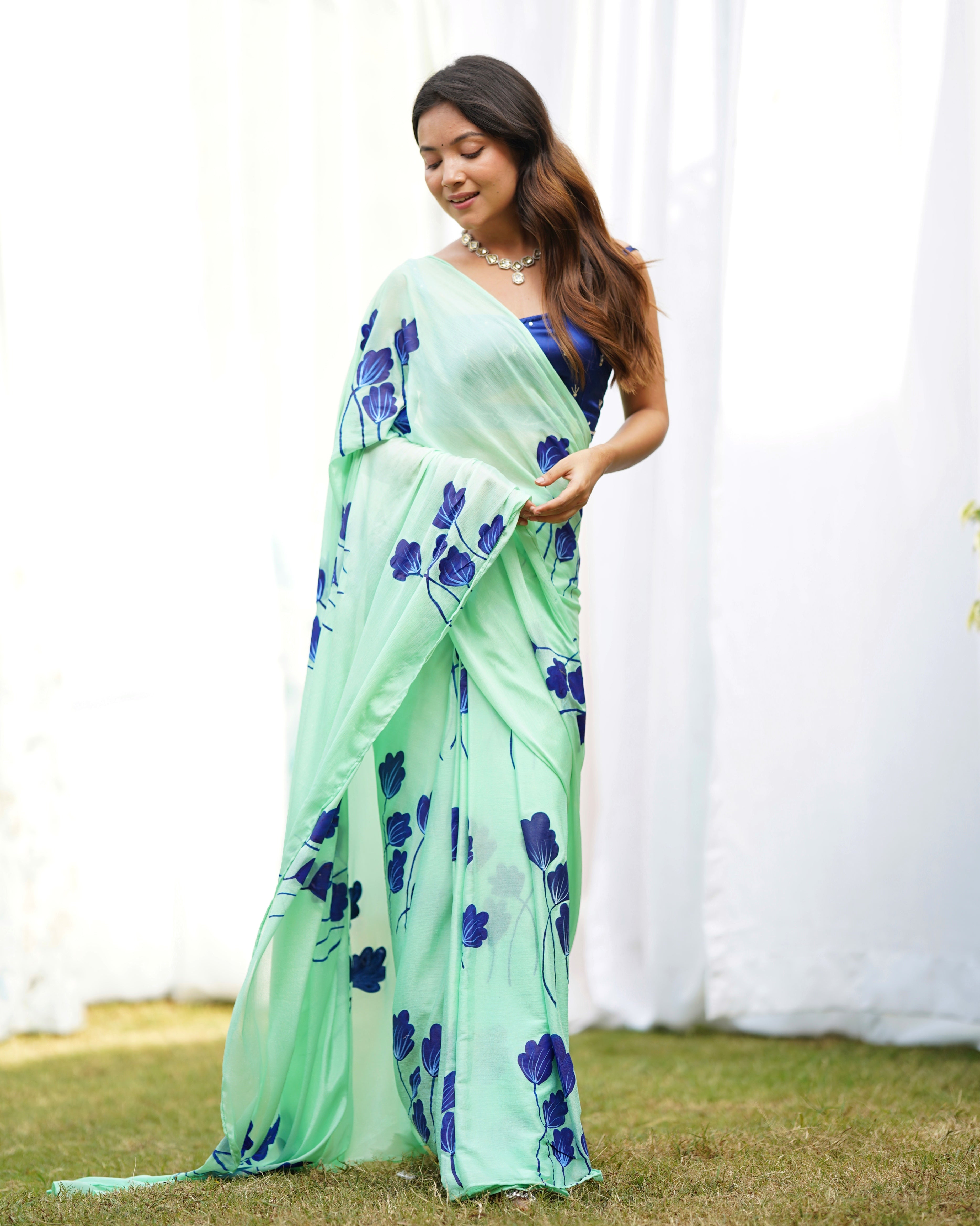 Misty Green Handpainted Draped Saree