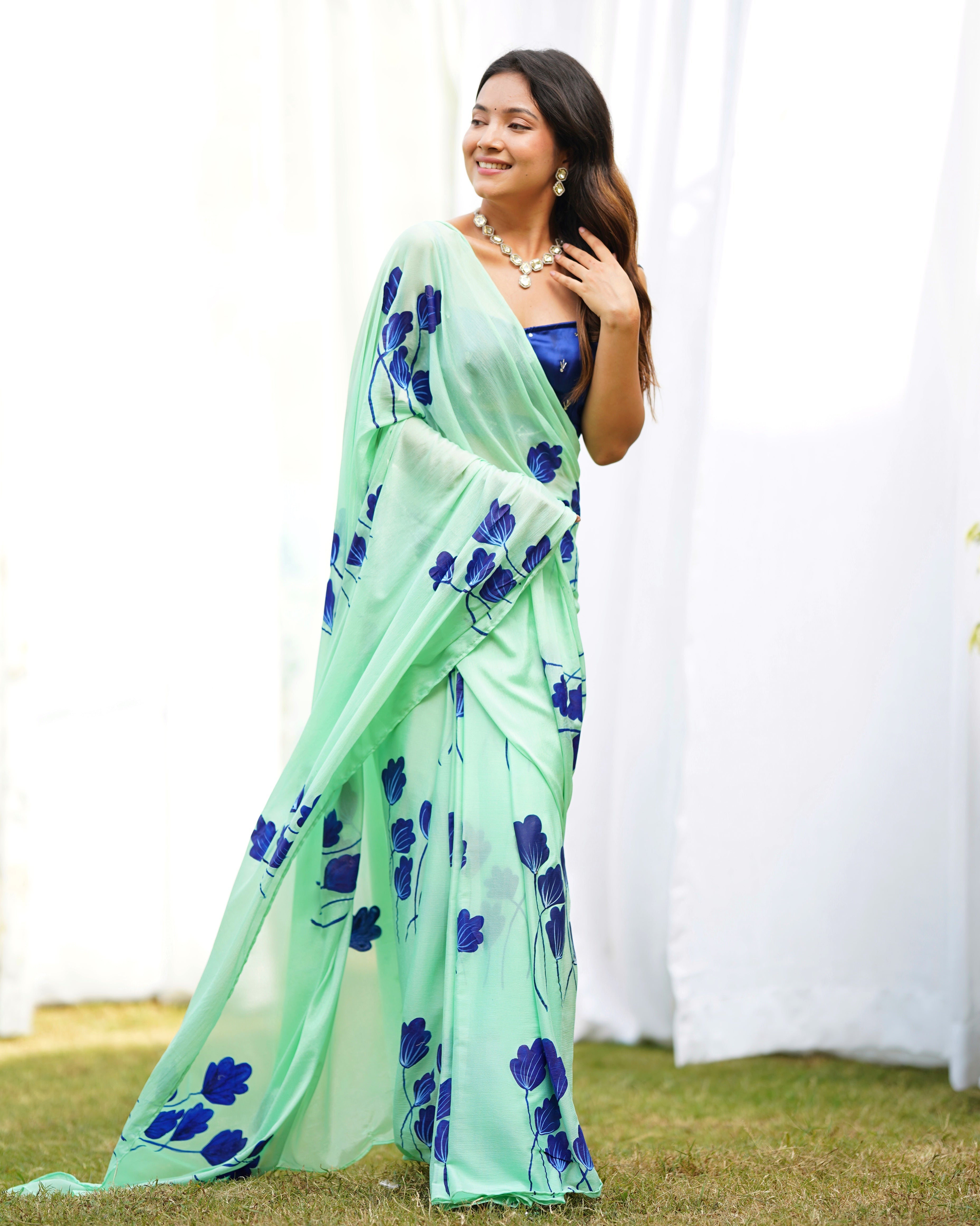 Misty Green Handpainted Draped Saree