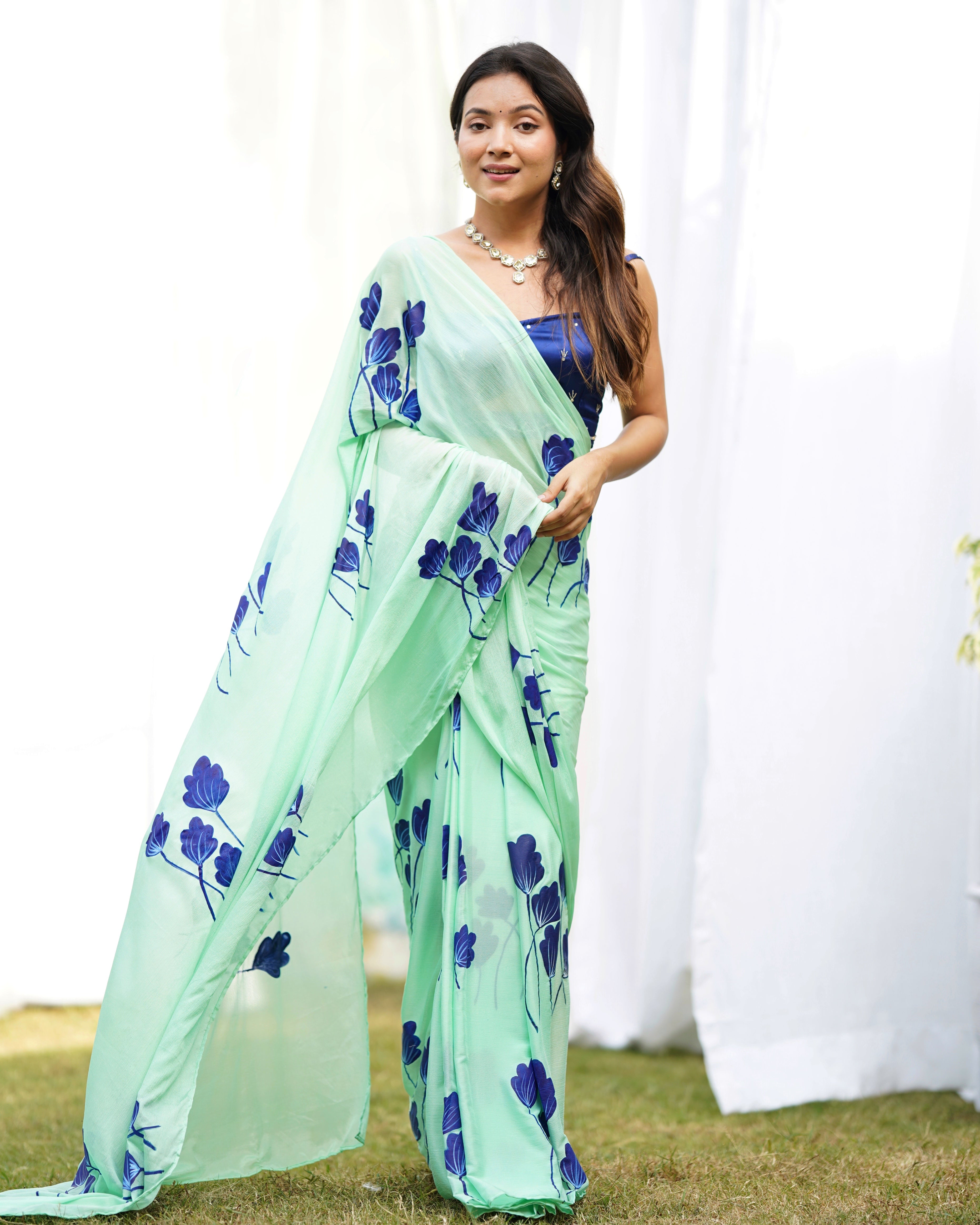 Misty Green Handpainted Draped Saree