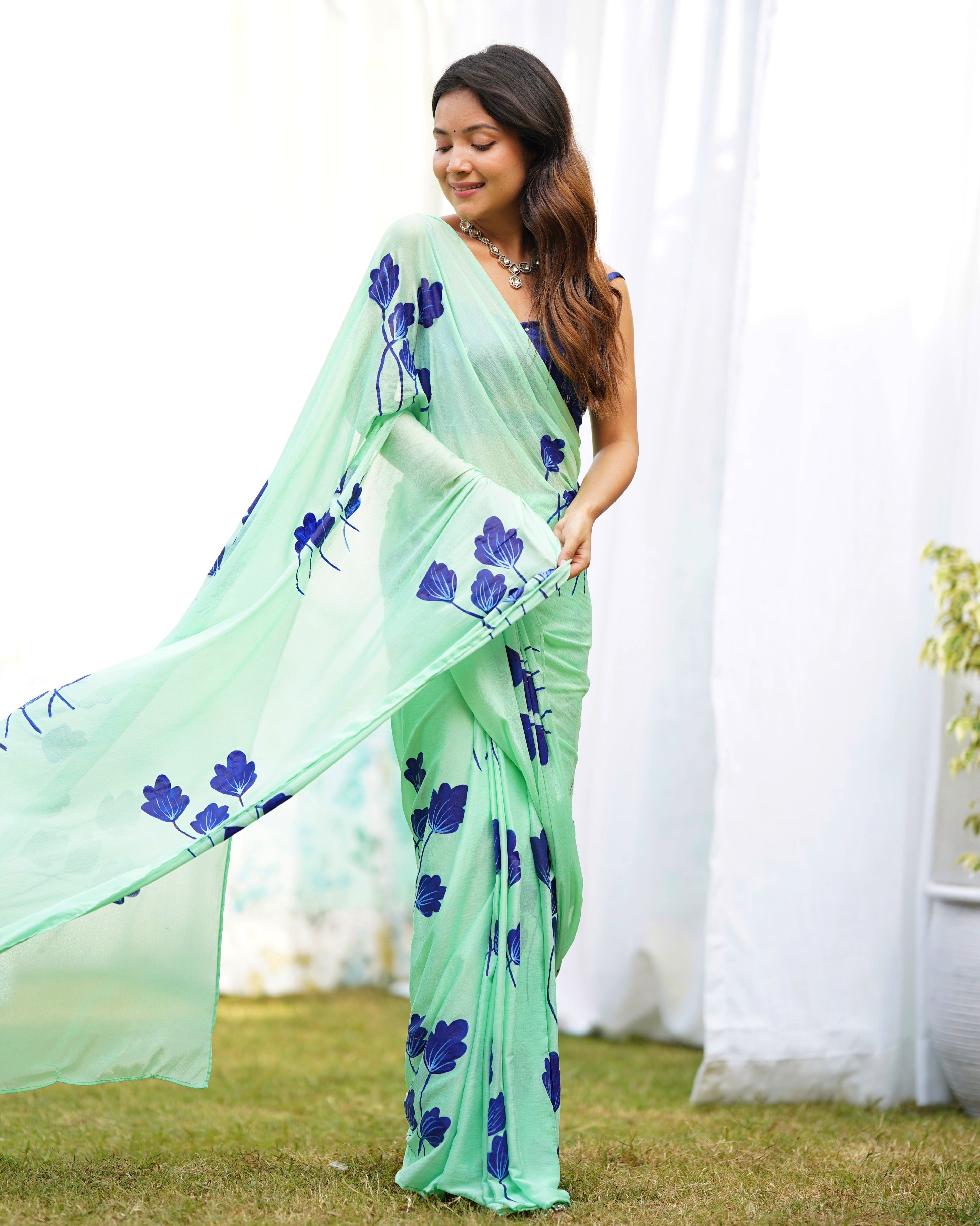 Misty Green Handpainted Draped Saree