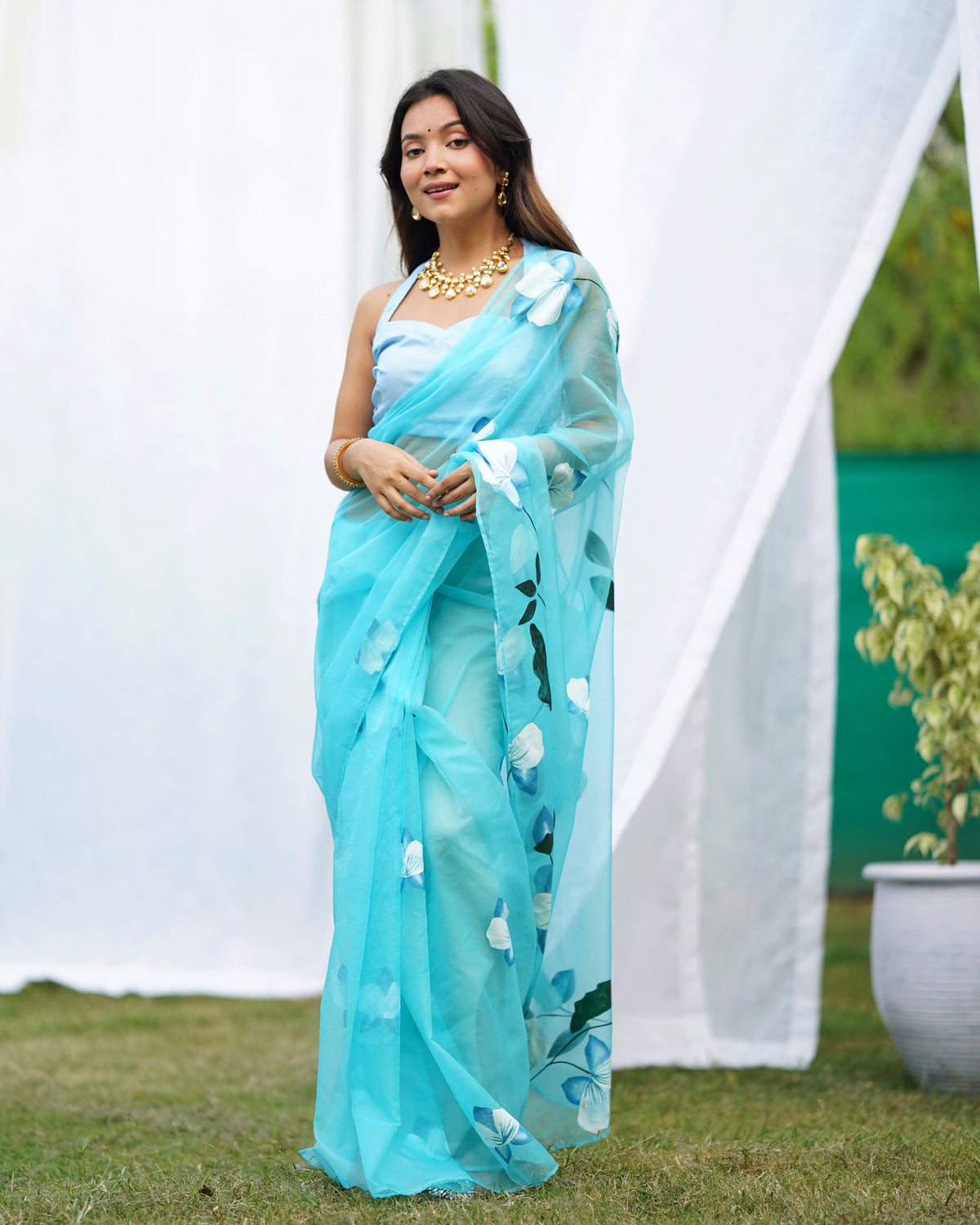 Blue Organza Handpainted Saree