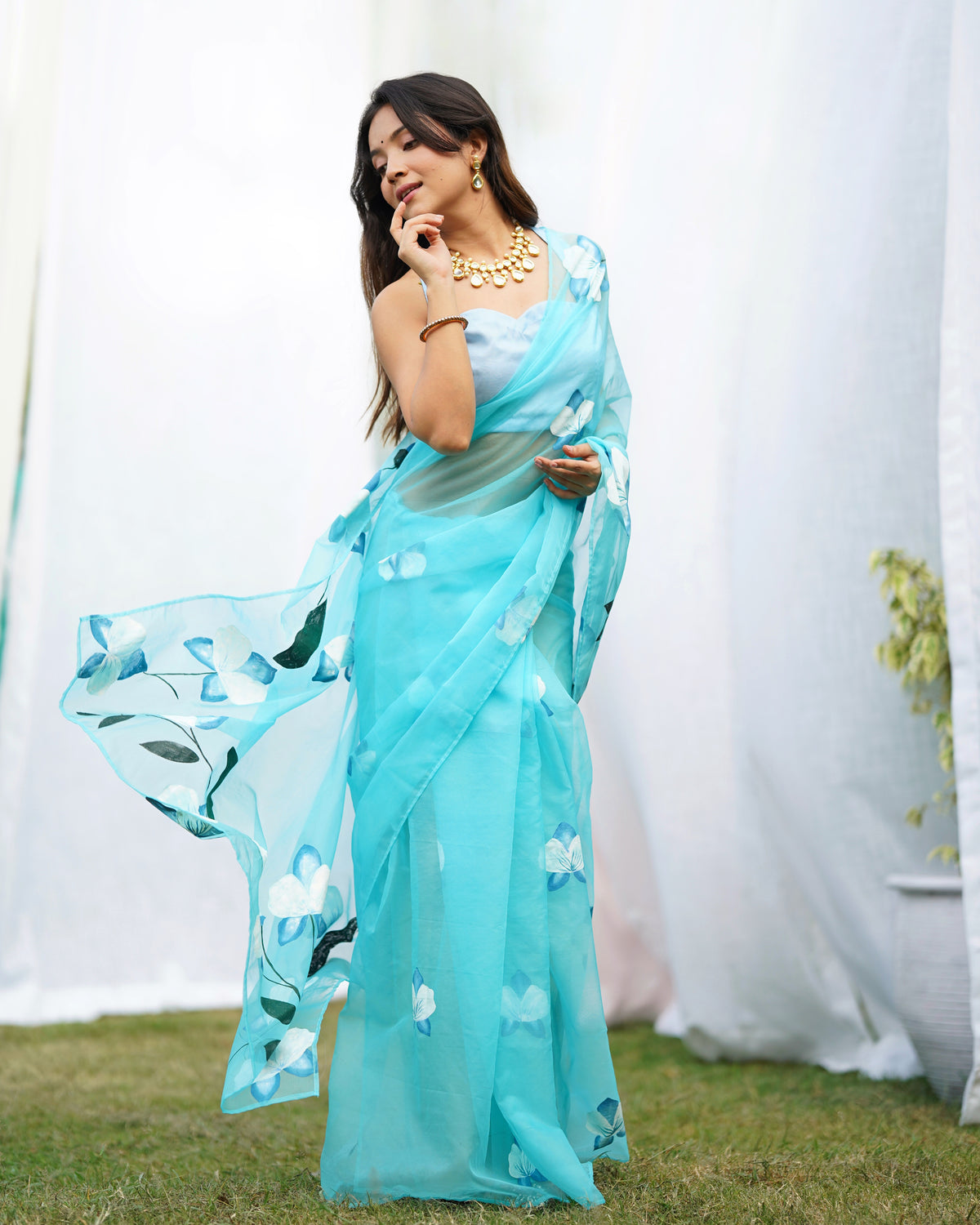 Blue Organza Handpainted Saree