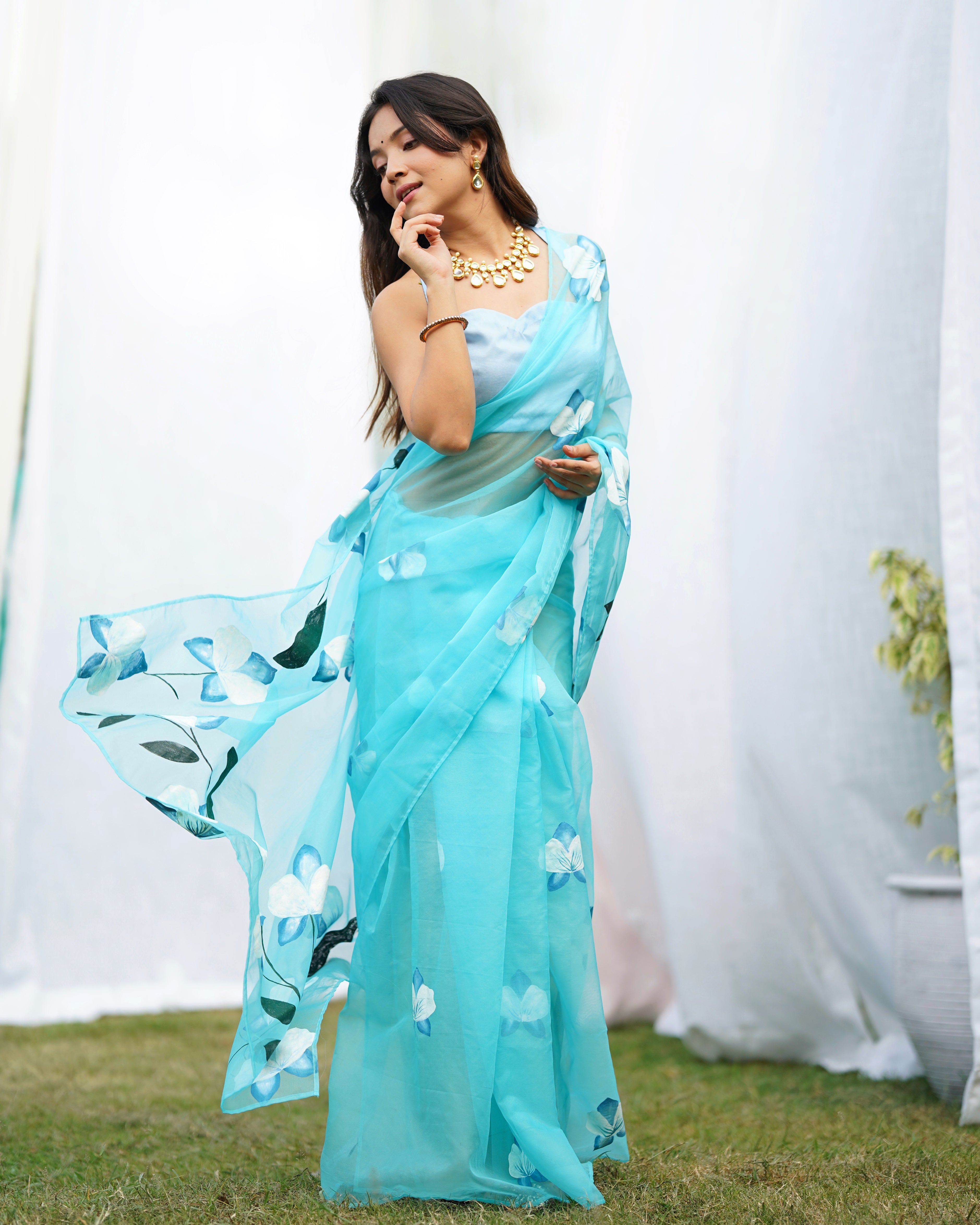 Blue Organza Handpainted  Saree