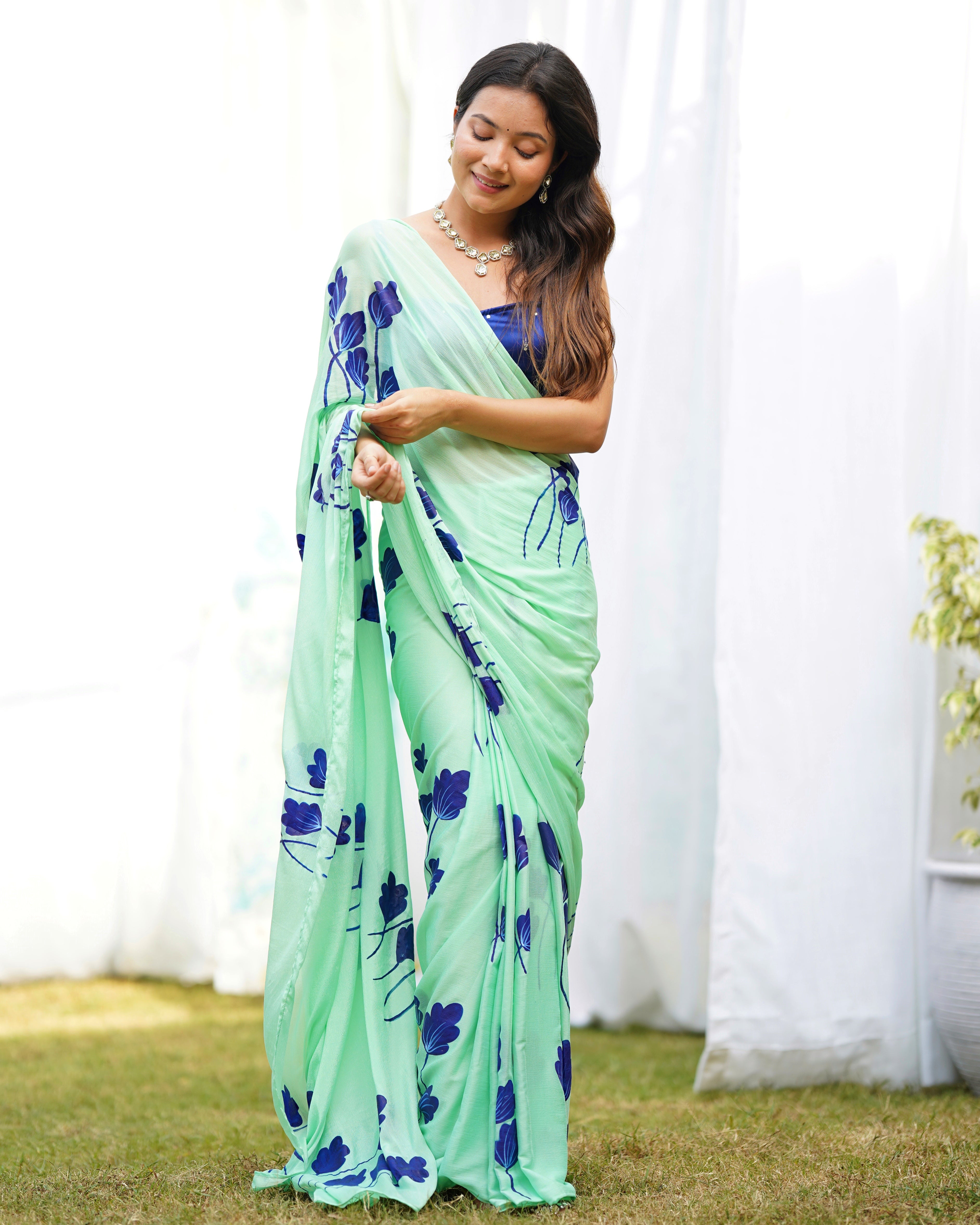 Misty Green Handpainted Draped Saree