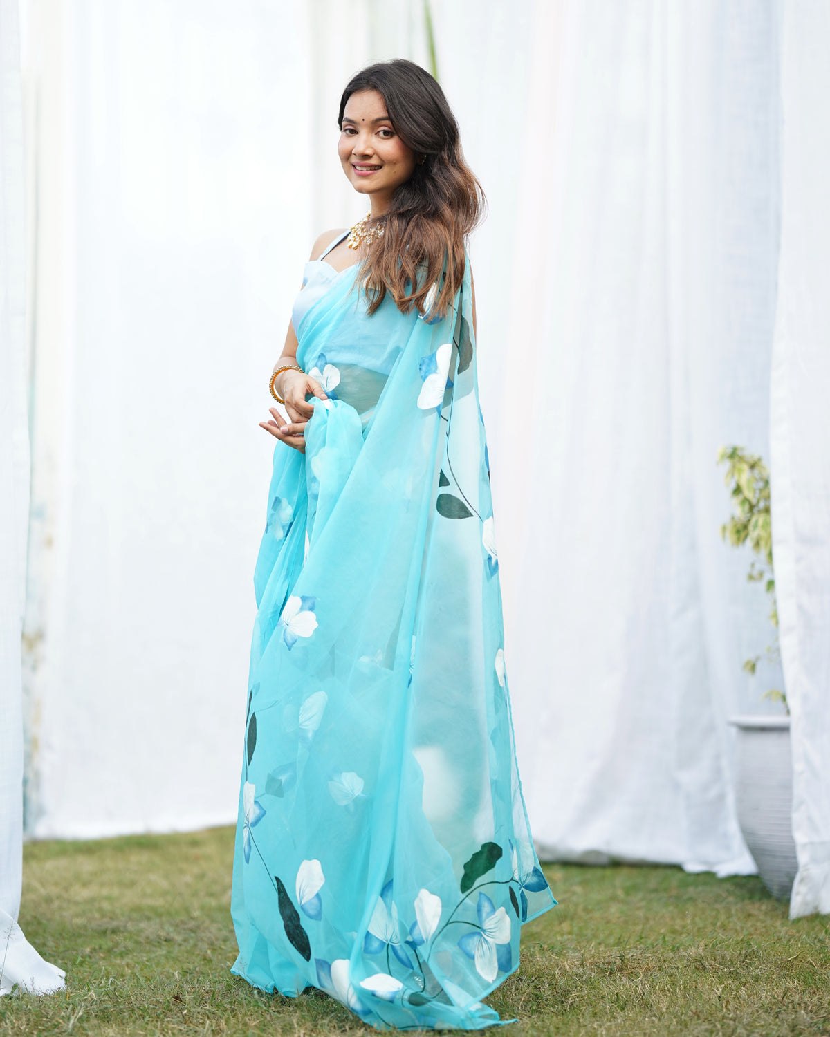 Blue Organza Handpainted Saree