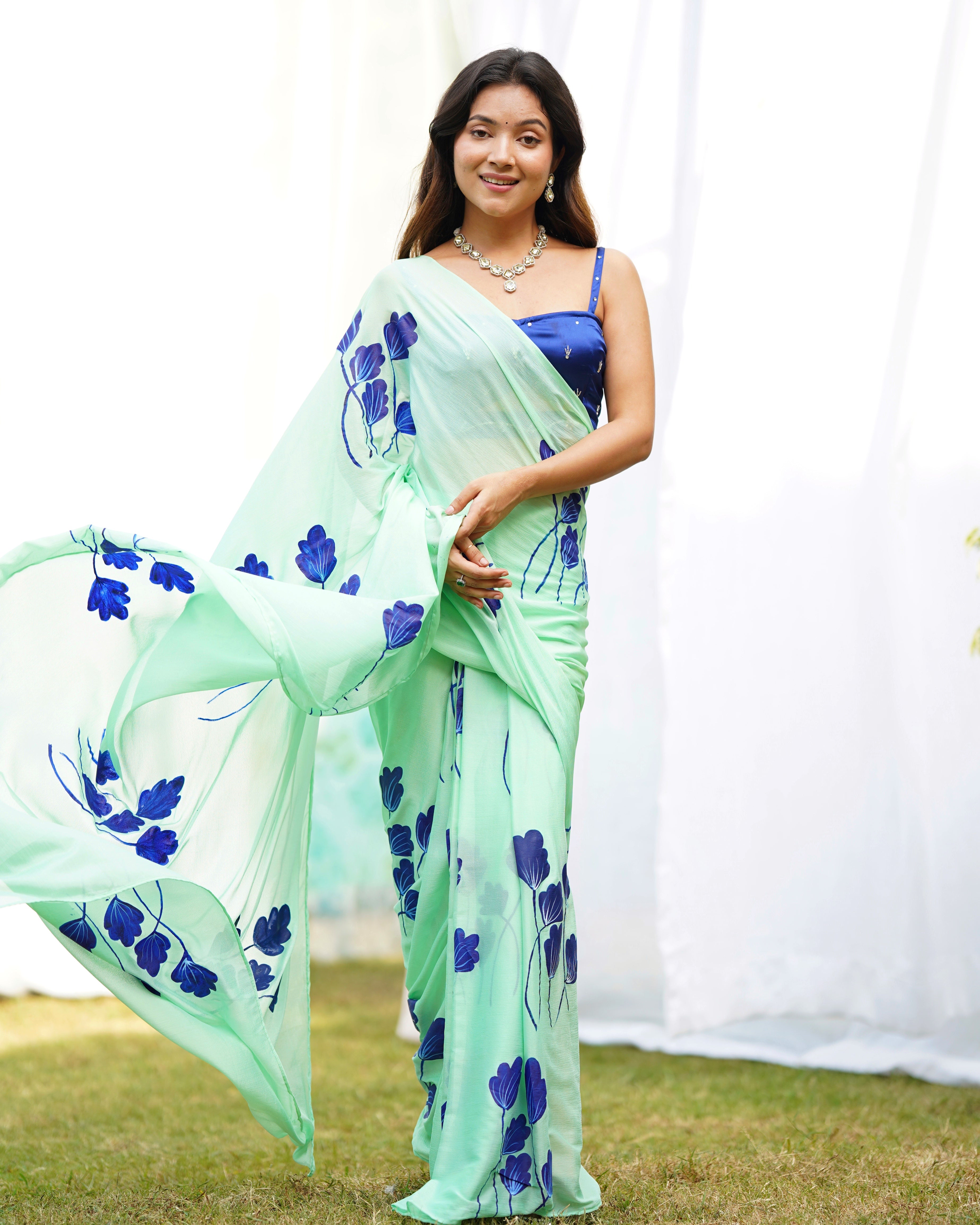 Misty Green Handpainted Draped Saree