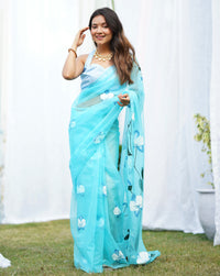 Blue Organza Handpainted Saree