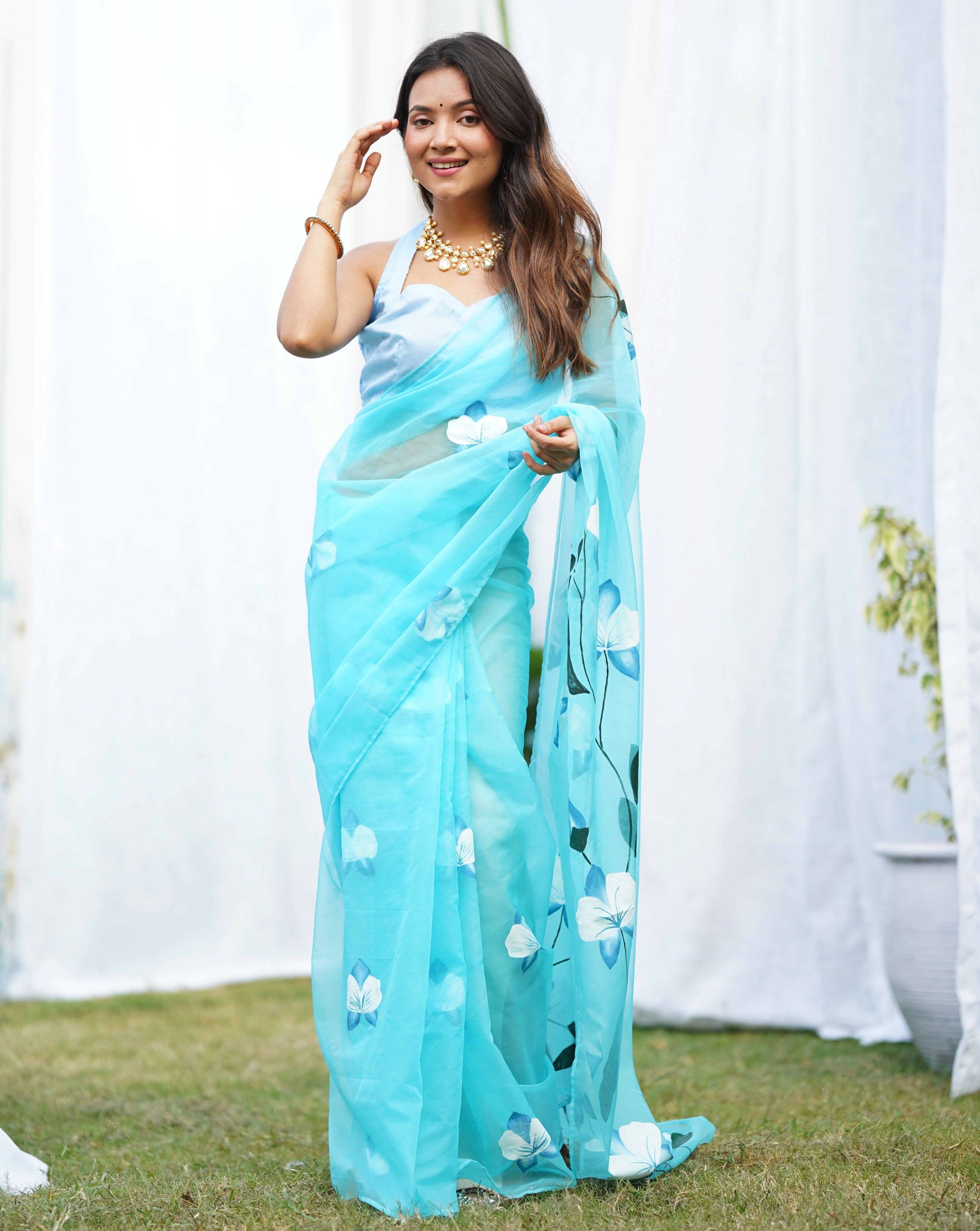 Blue Organza Handpainted  Saree