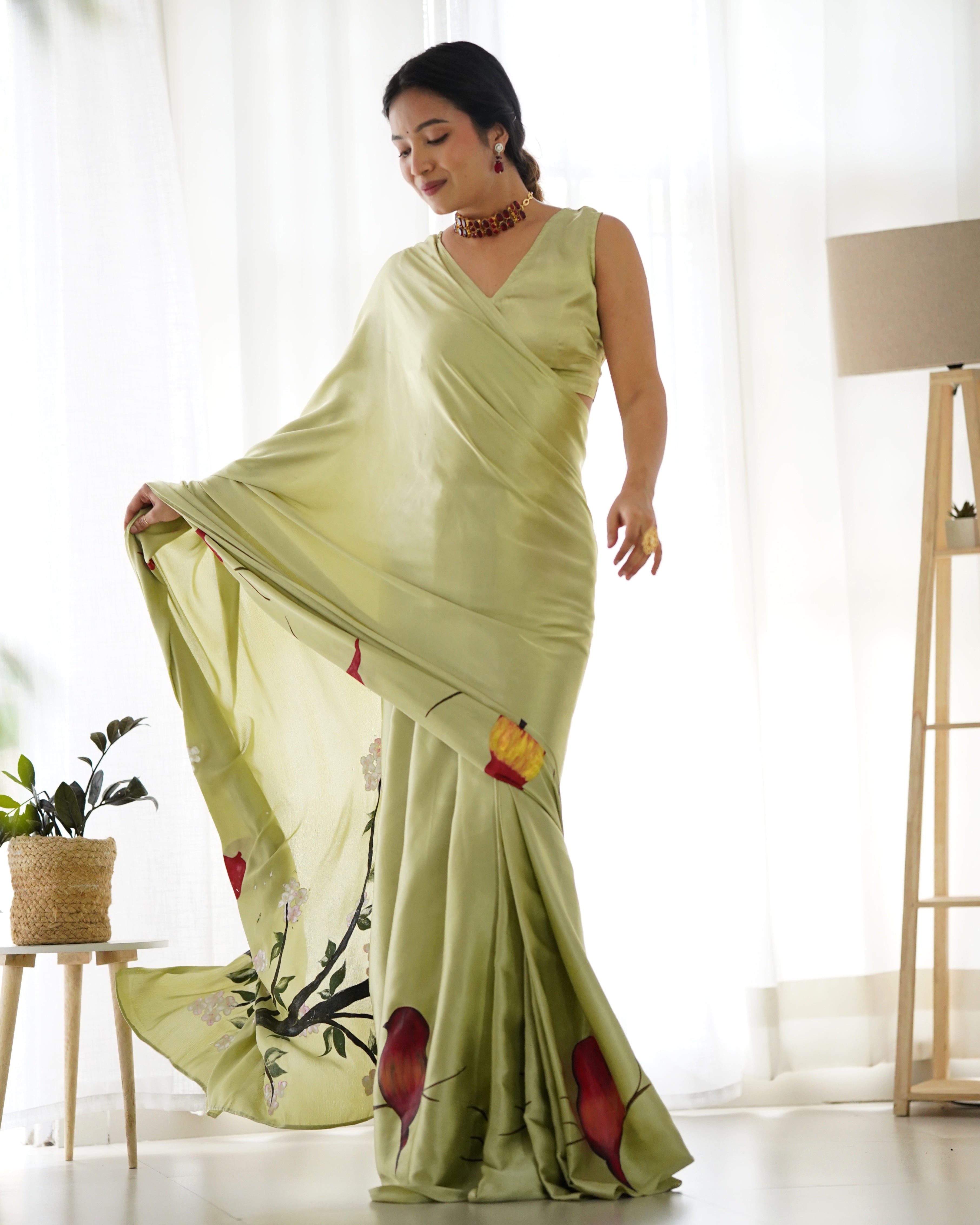 Beautiful Riva Green Handpainted Saree