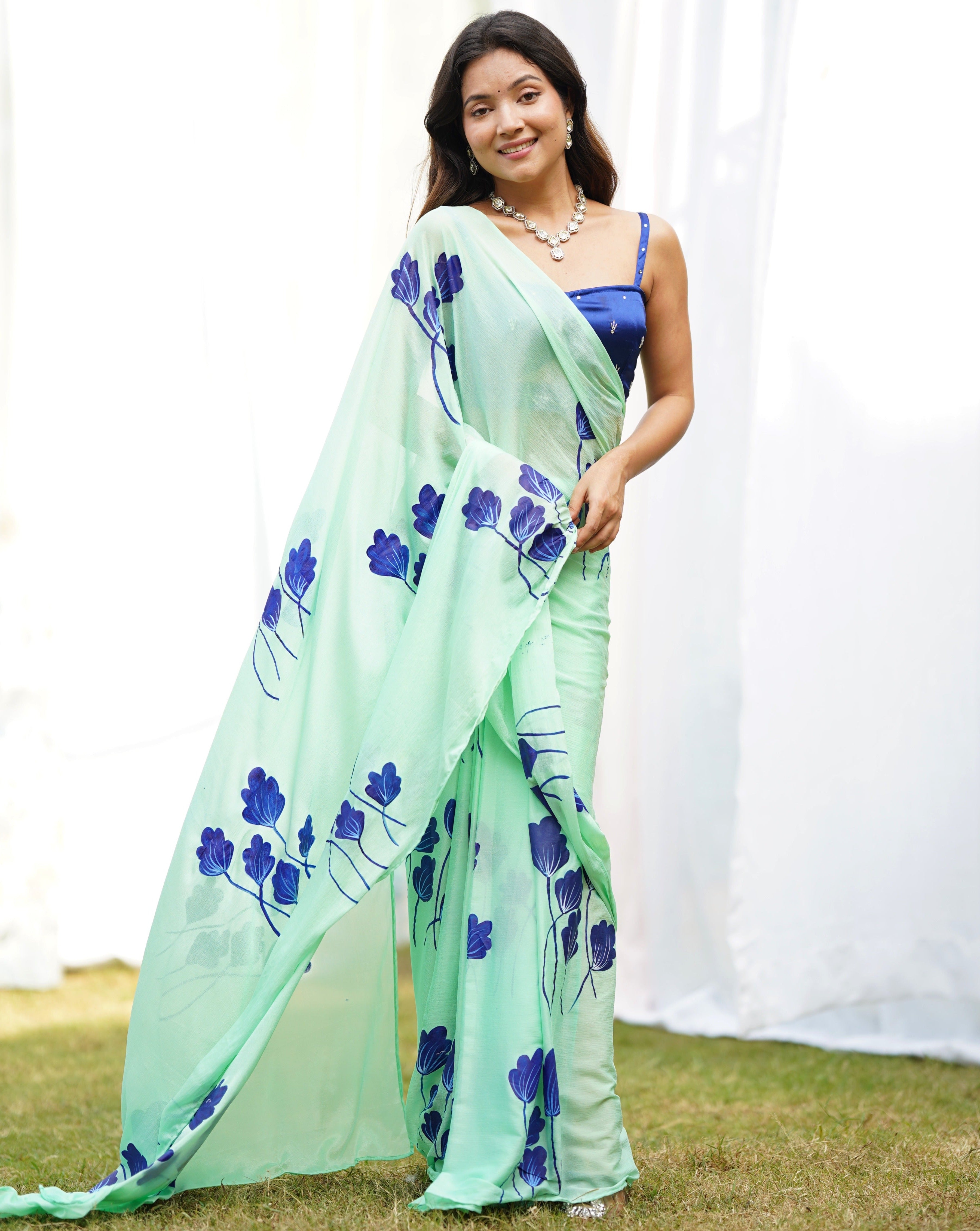 Misty Green Handpainted Draped Saree