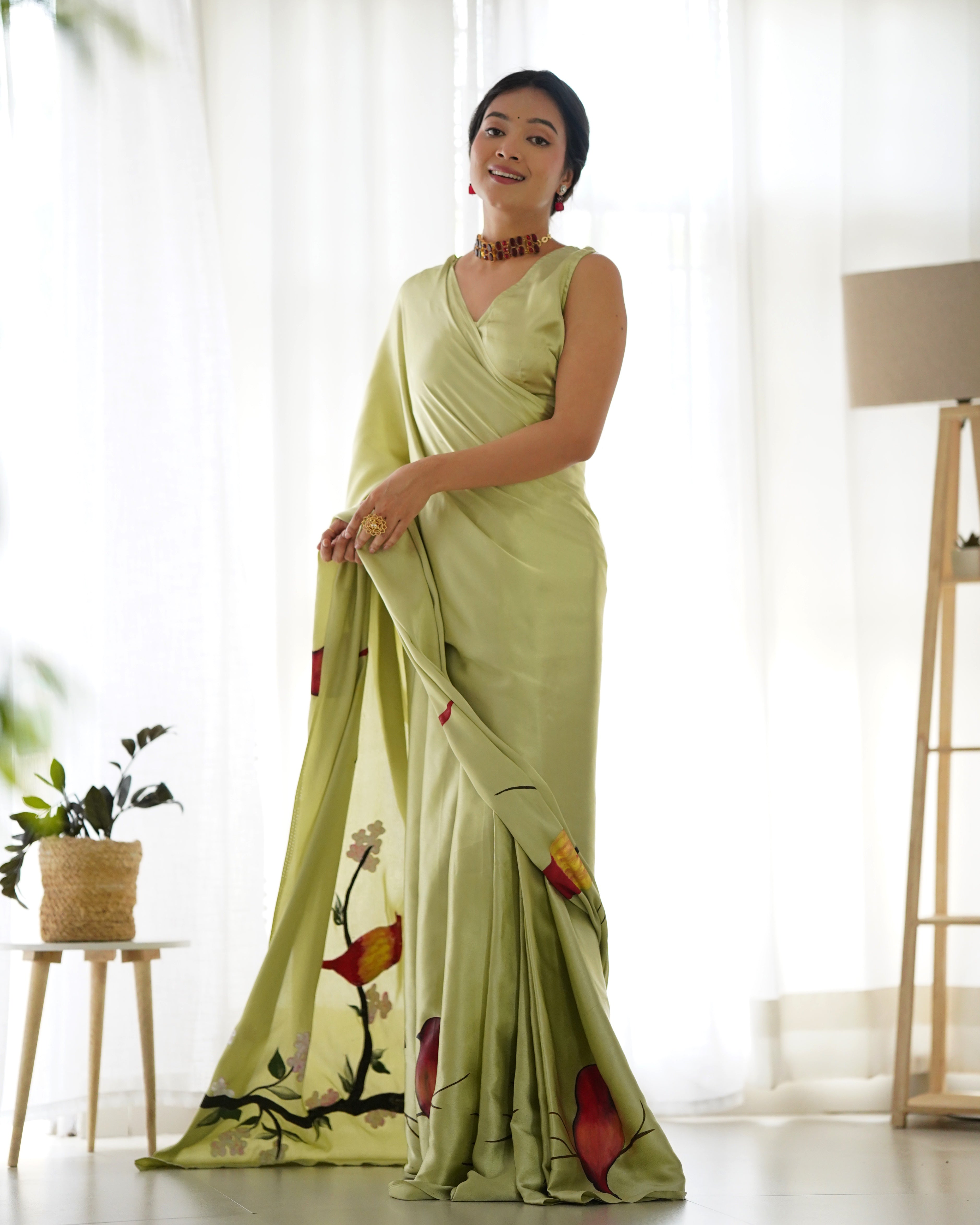 Beautiful Riva Green Handpainted Saree
