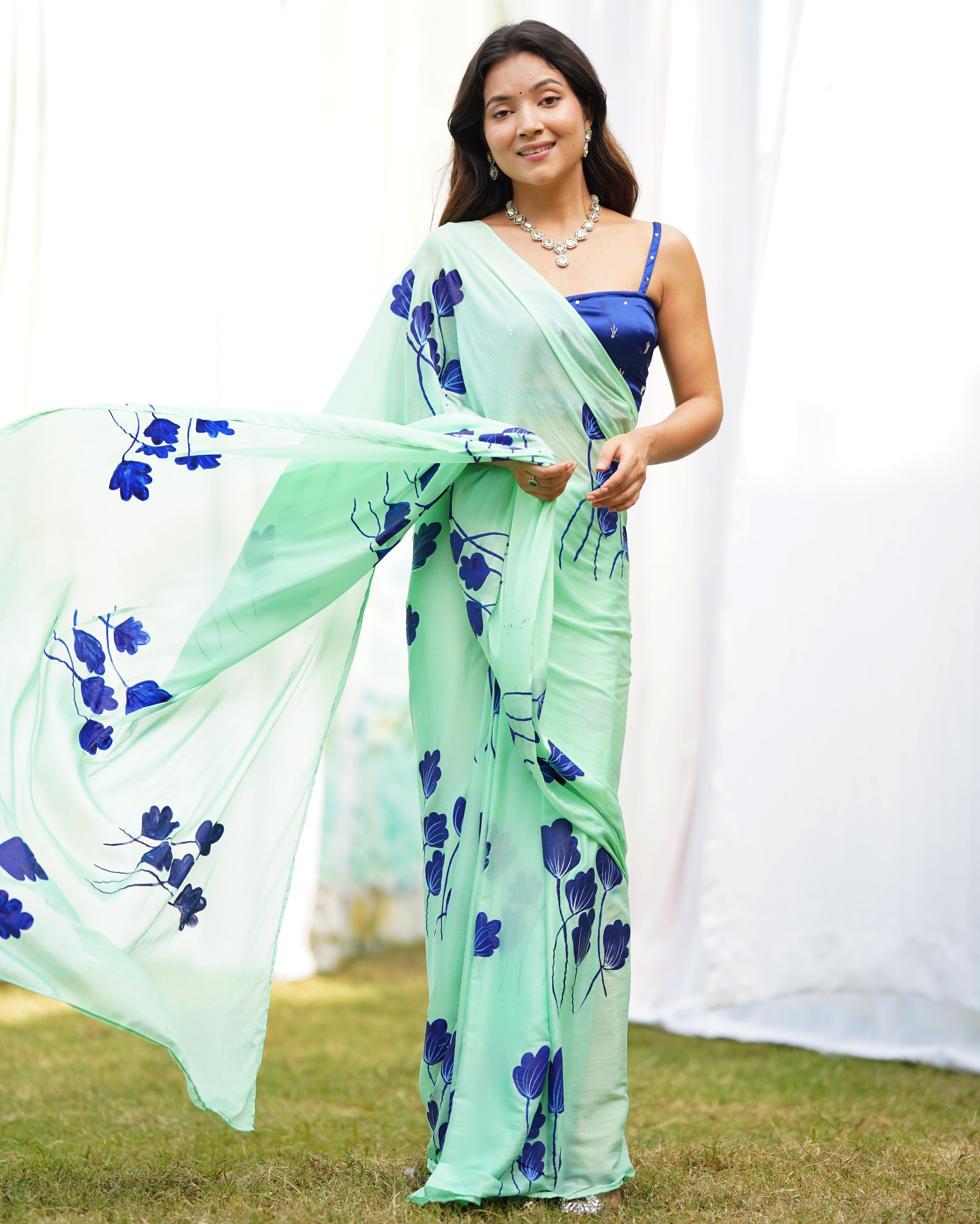 Misty Green Handpainted Draped Saree