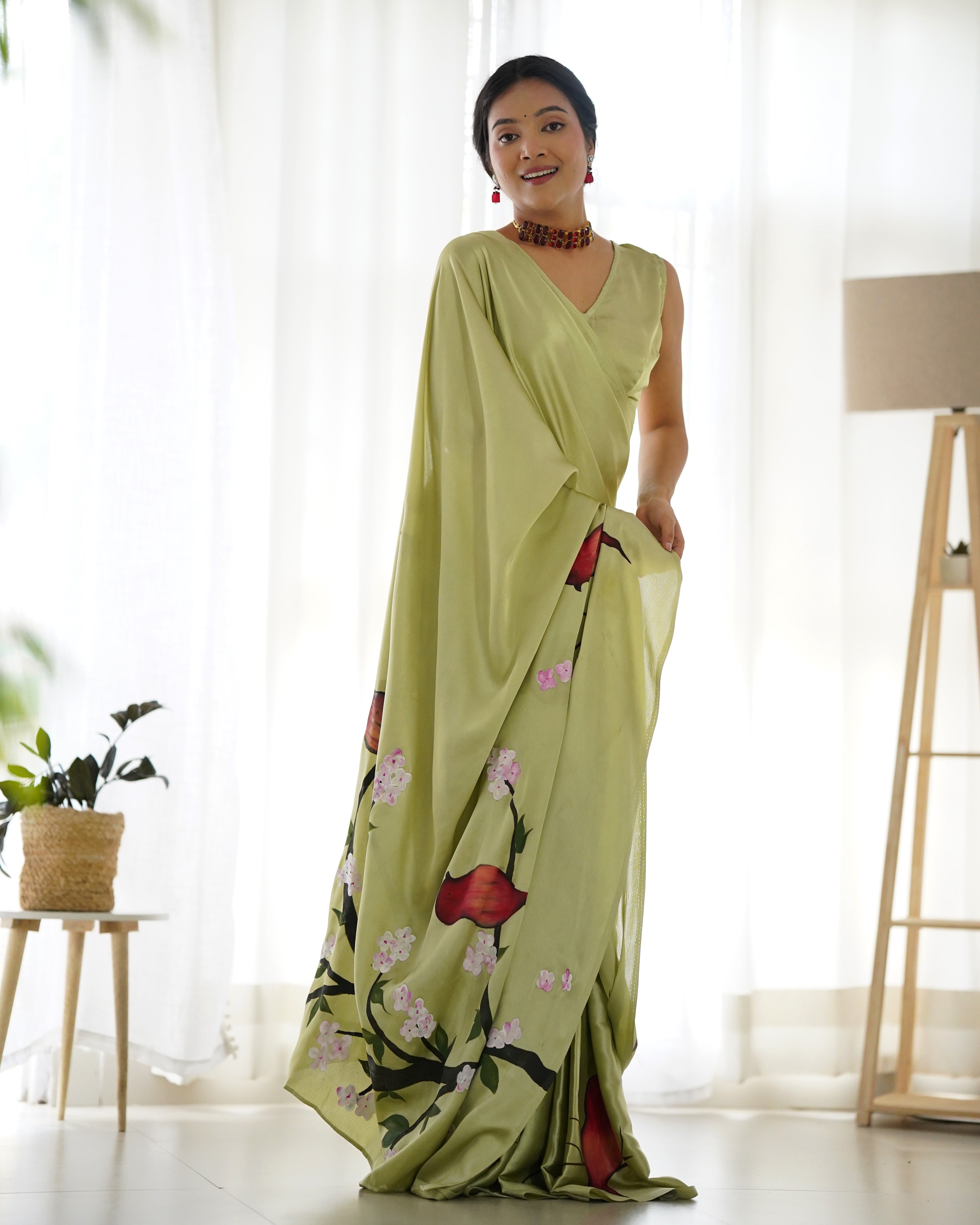 Beautiful Riva Green Handpainted Saree