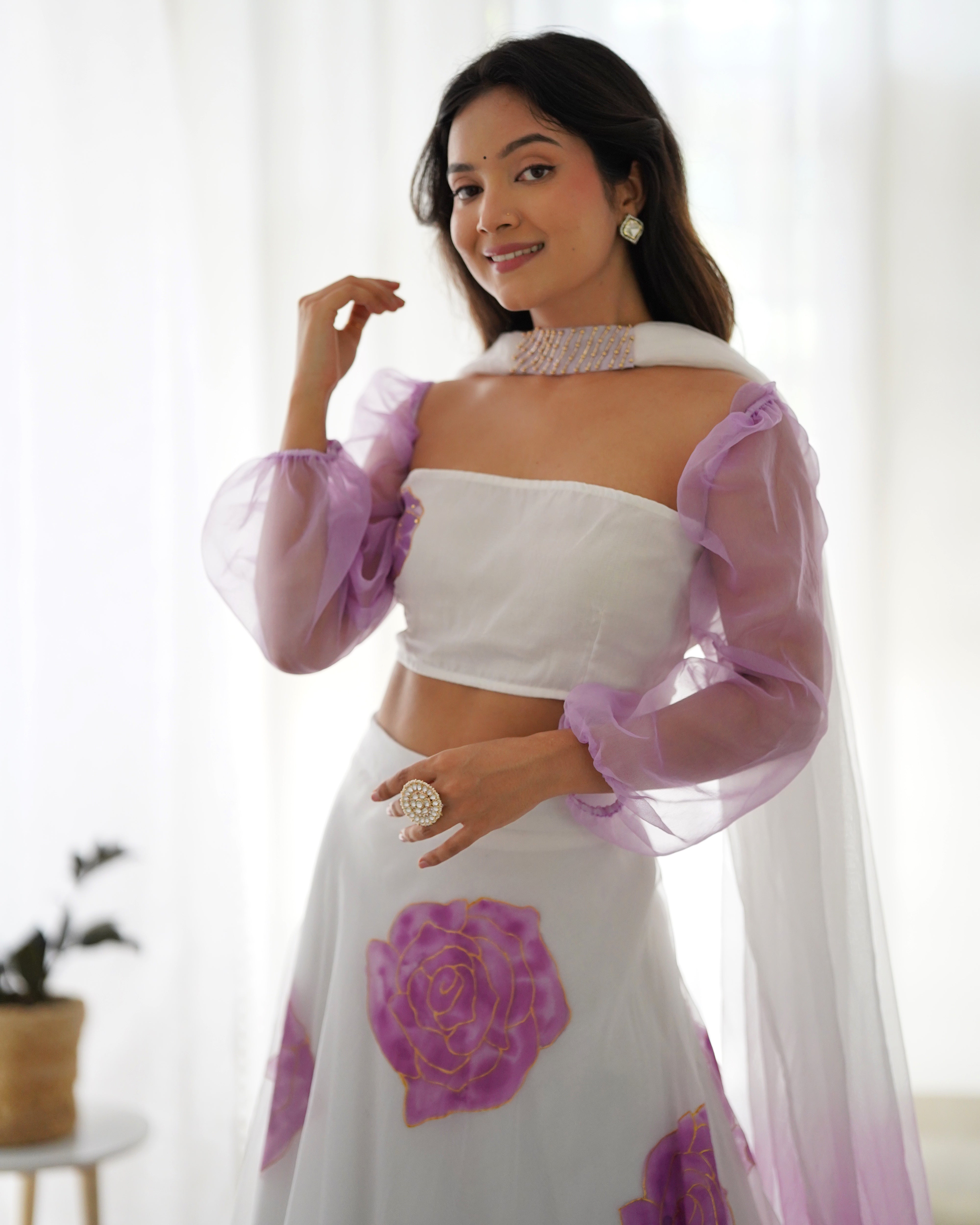 Shaurya White Organza Hanpainted Lehenga Set