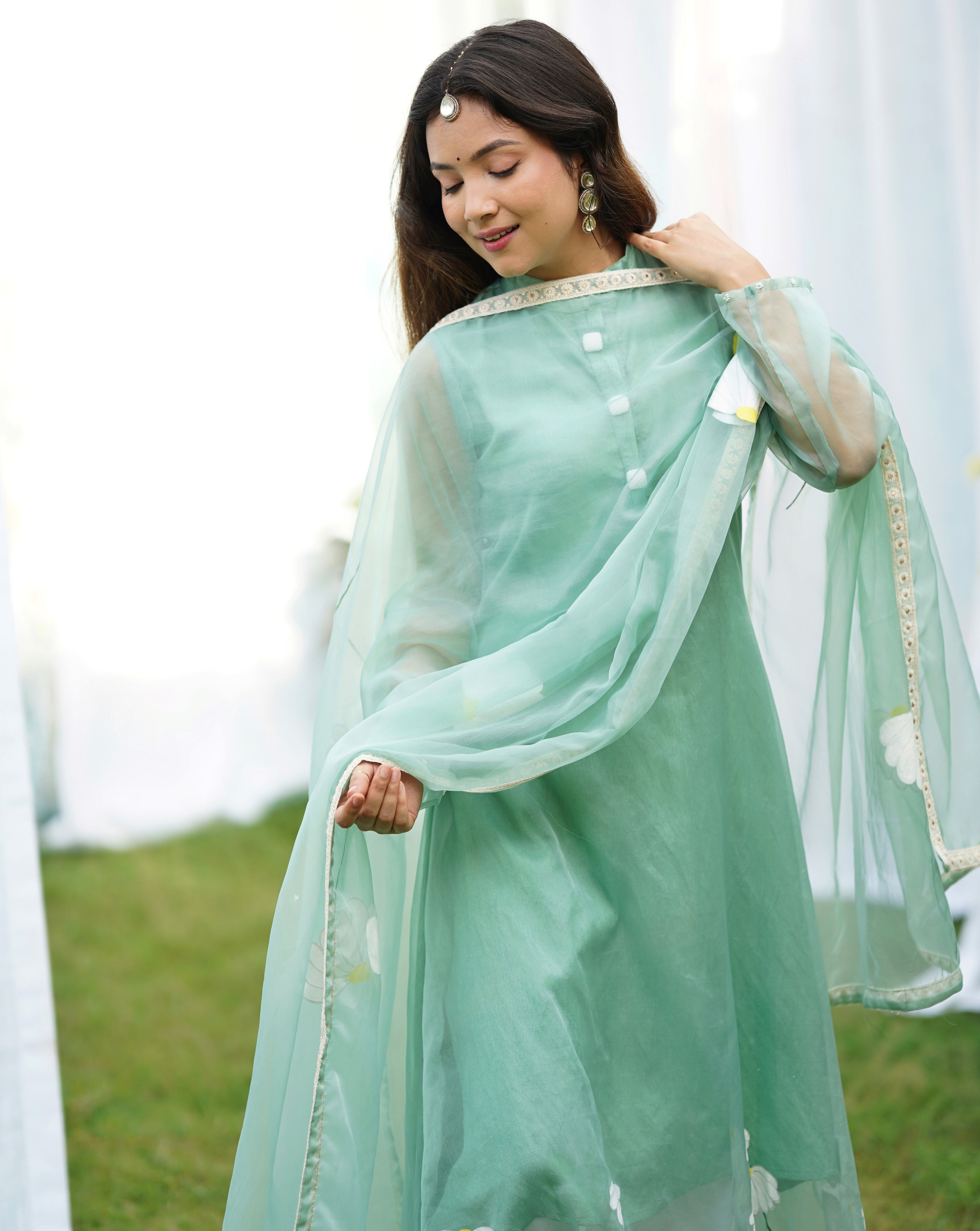 Nargees Green Handpainted Organza Suit Set