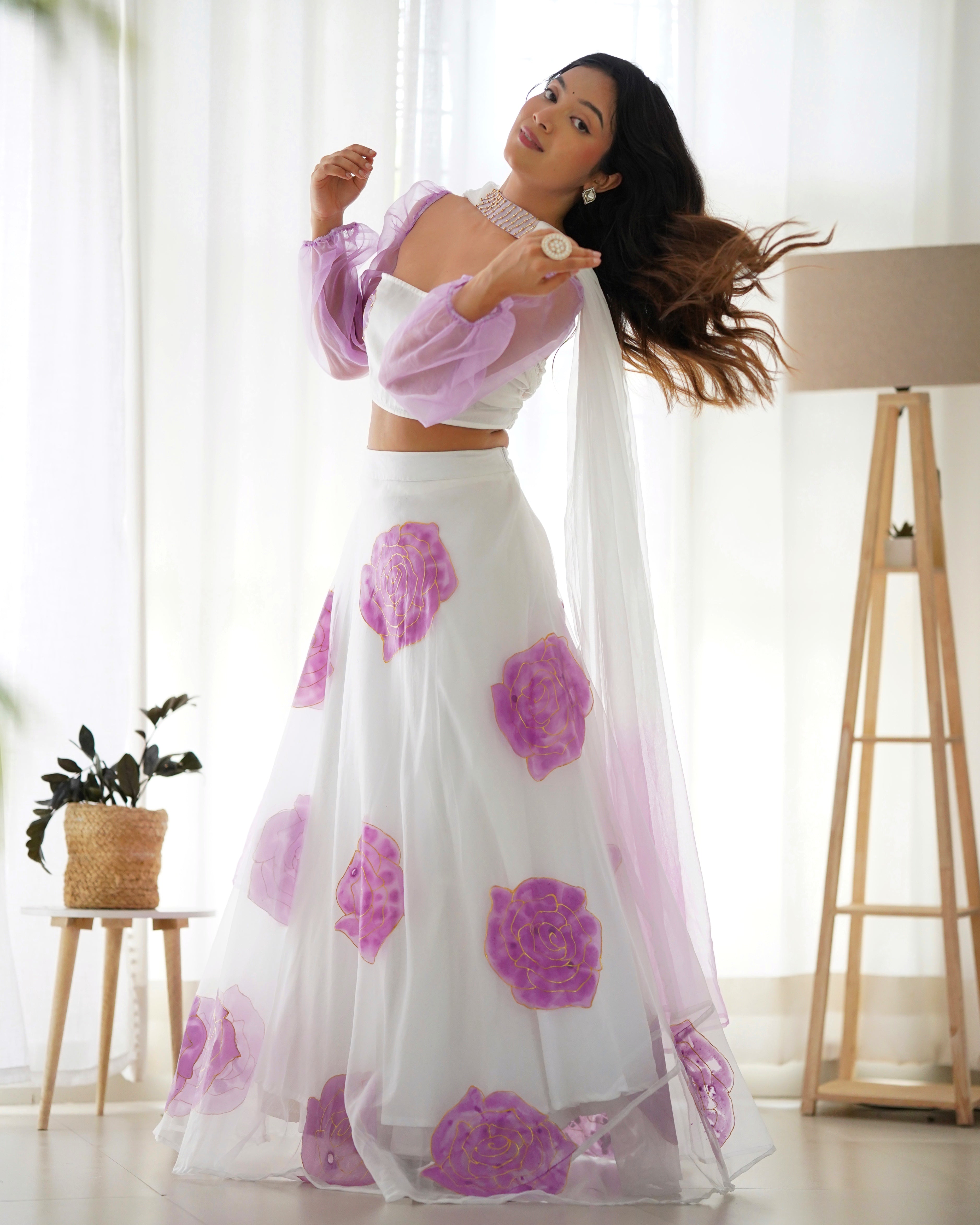 Shaurya White Organza Hanpainted Lehenga Set