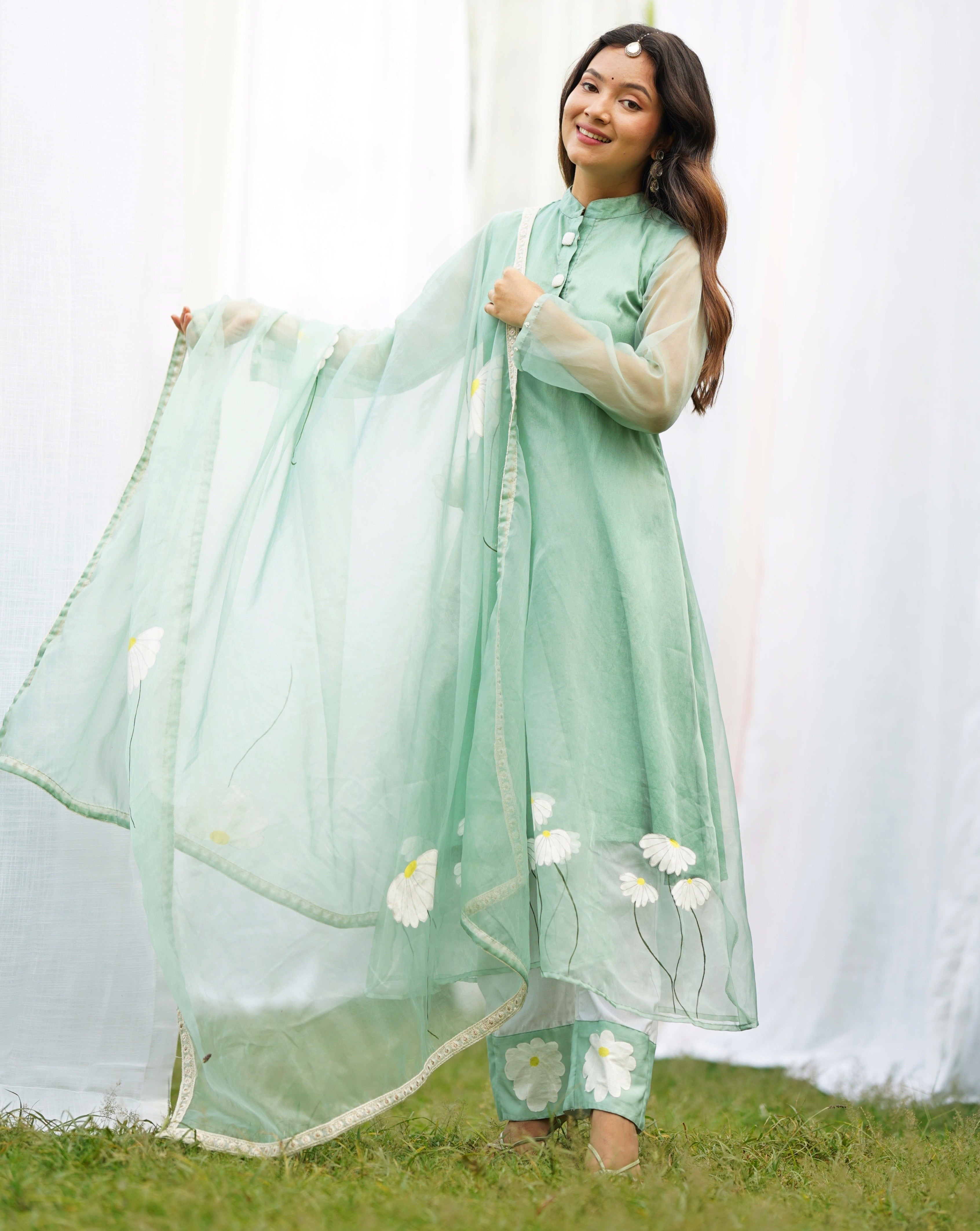 Nargees Green Handpainted Organza Suit Set