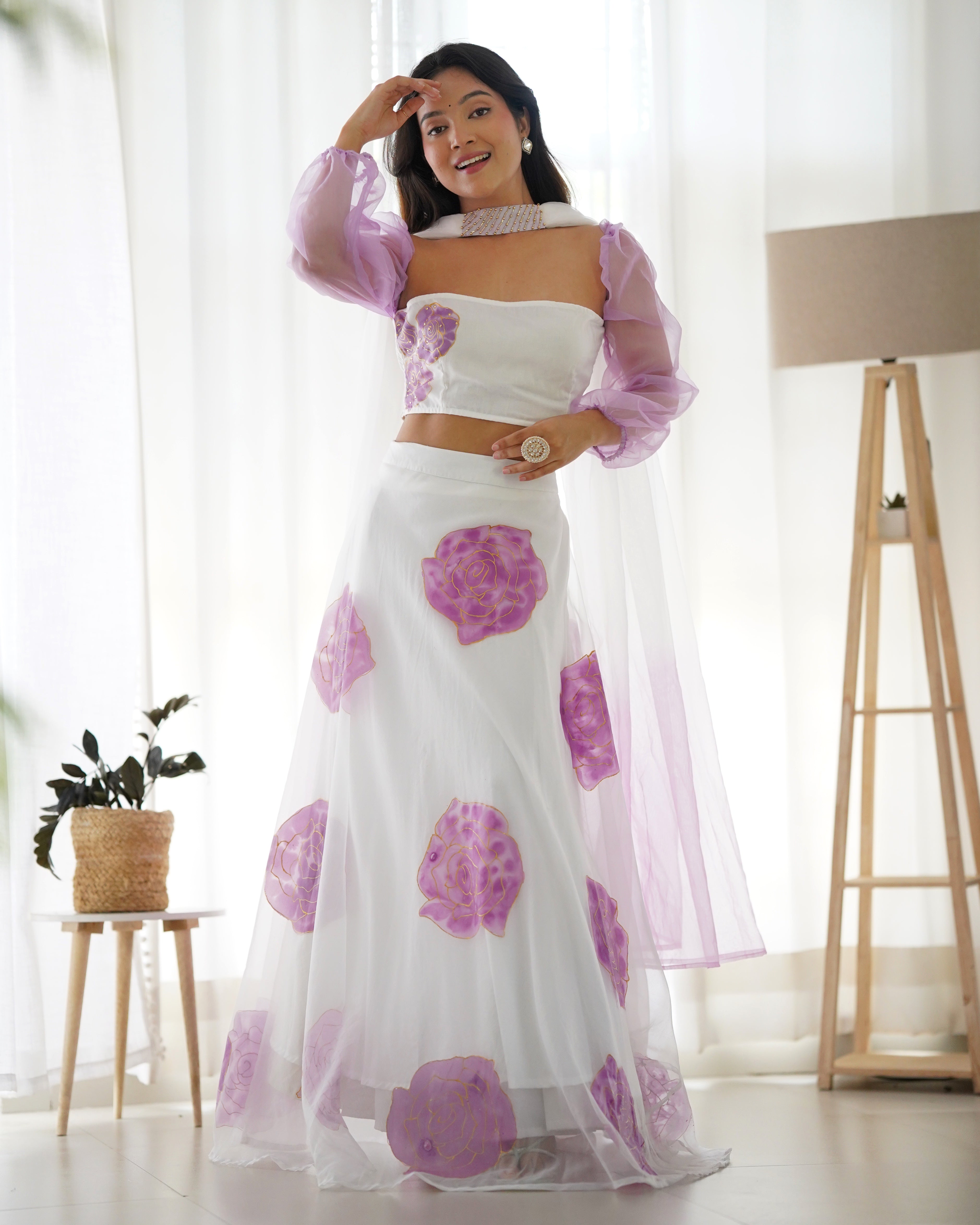Shaurya White Organza Hanpainted Lehenga Set
