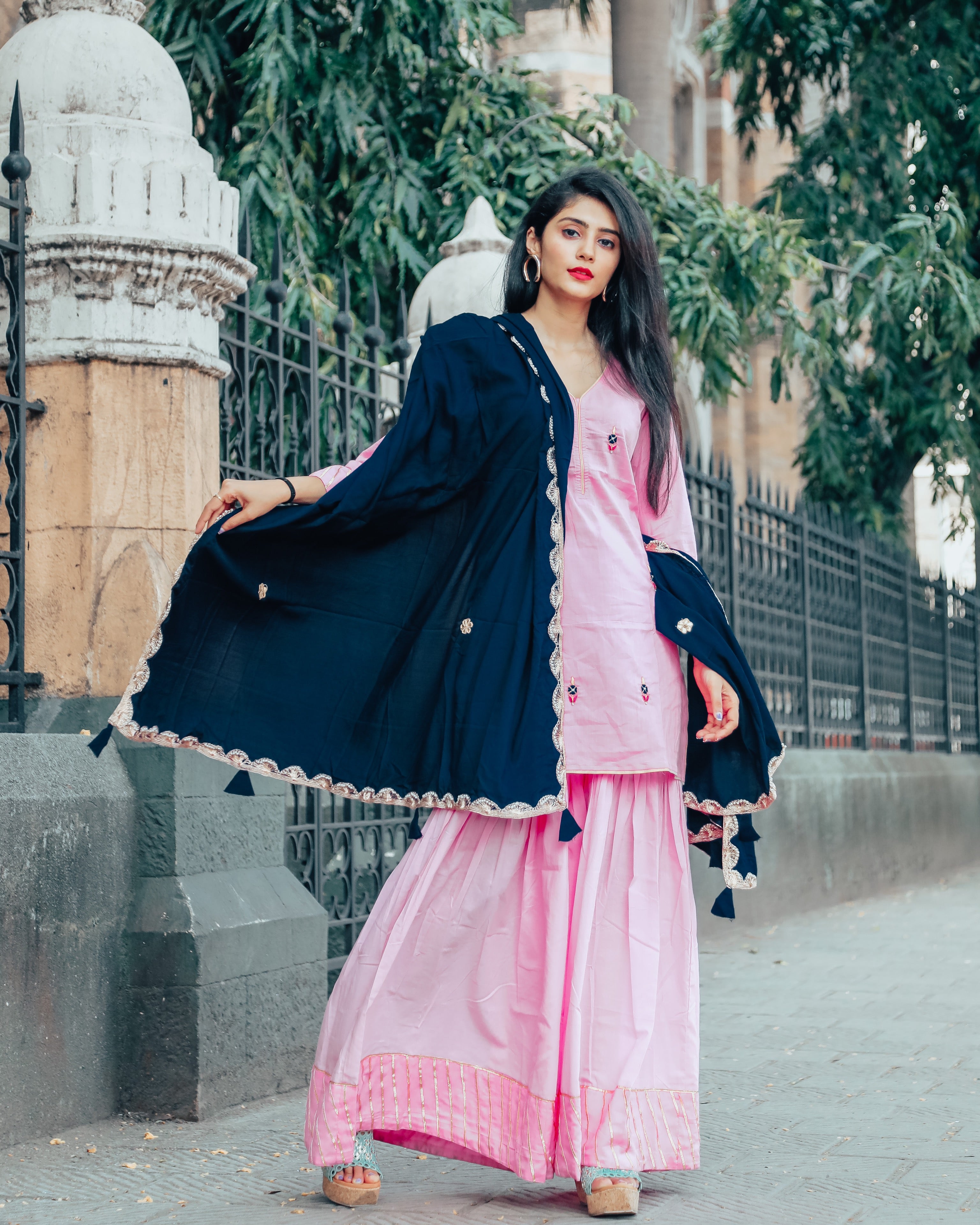 Ultra rose pink handwork skirt set
