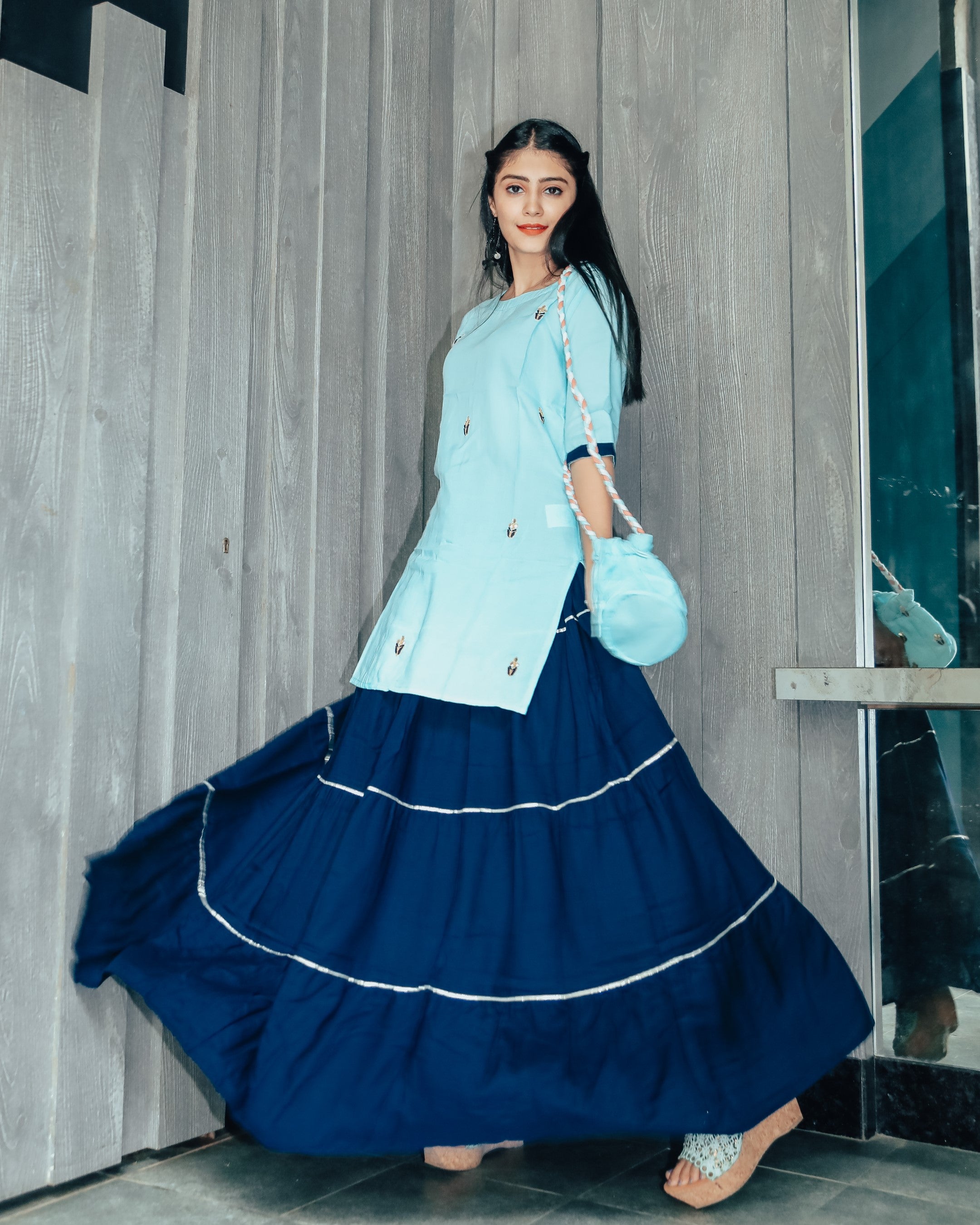 Watery Blue Hand Embroidered Skirt Dress with Potli