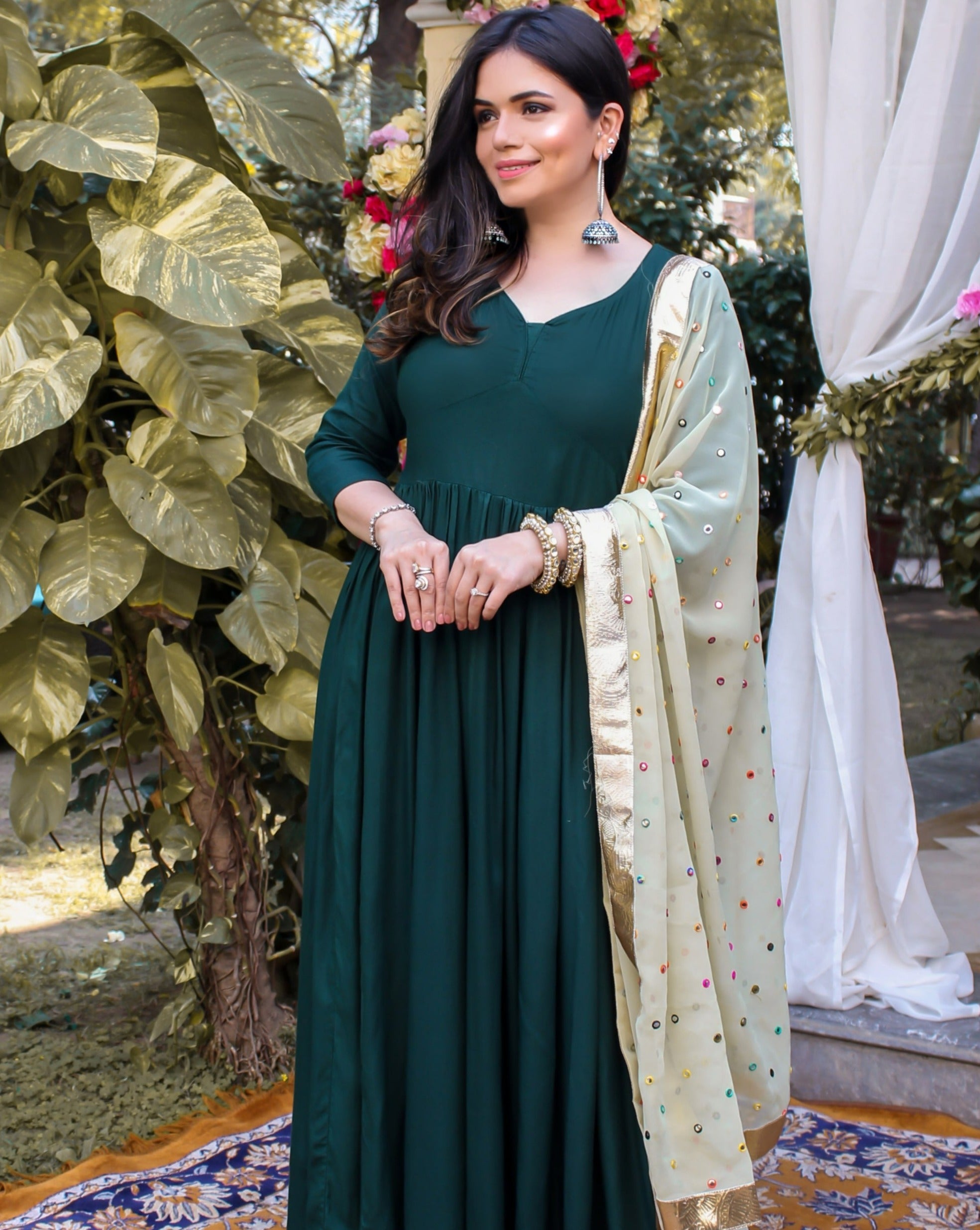 Bottle Green kanchali Neck Suit Set