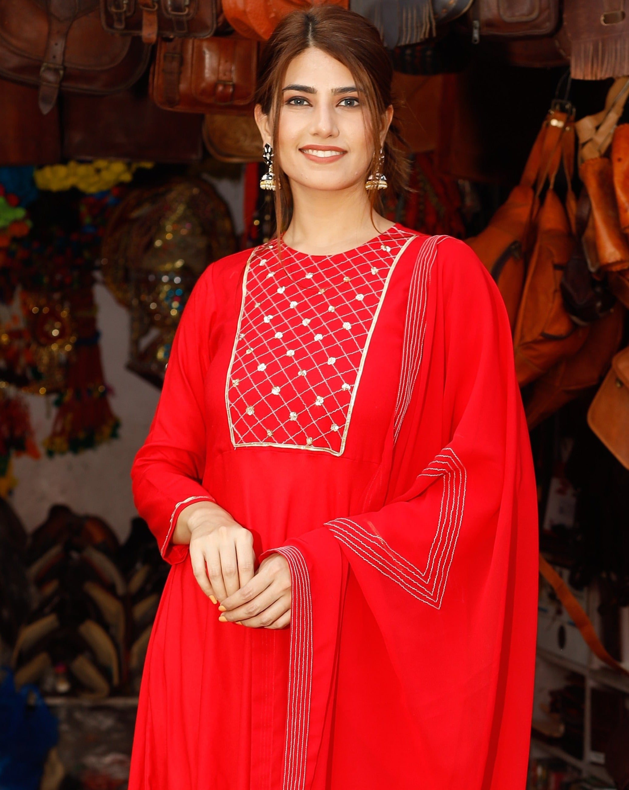 Rose Red Neck Design Long Suit Set