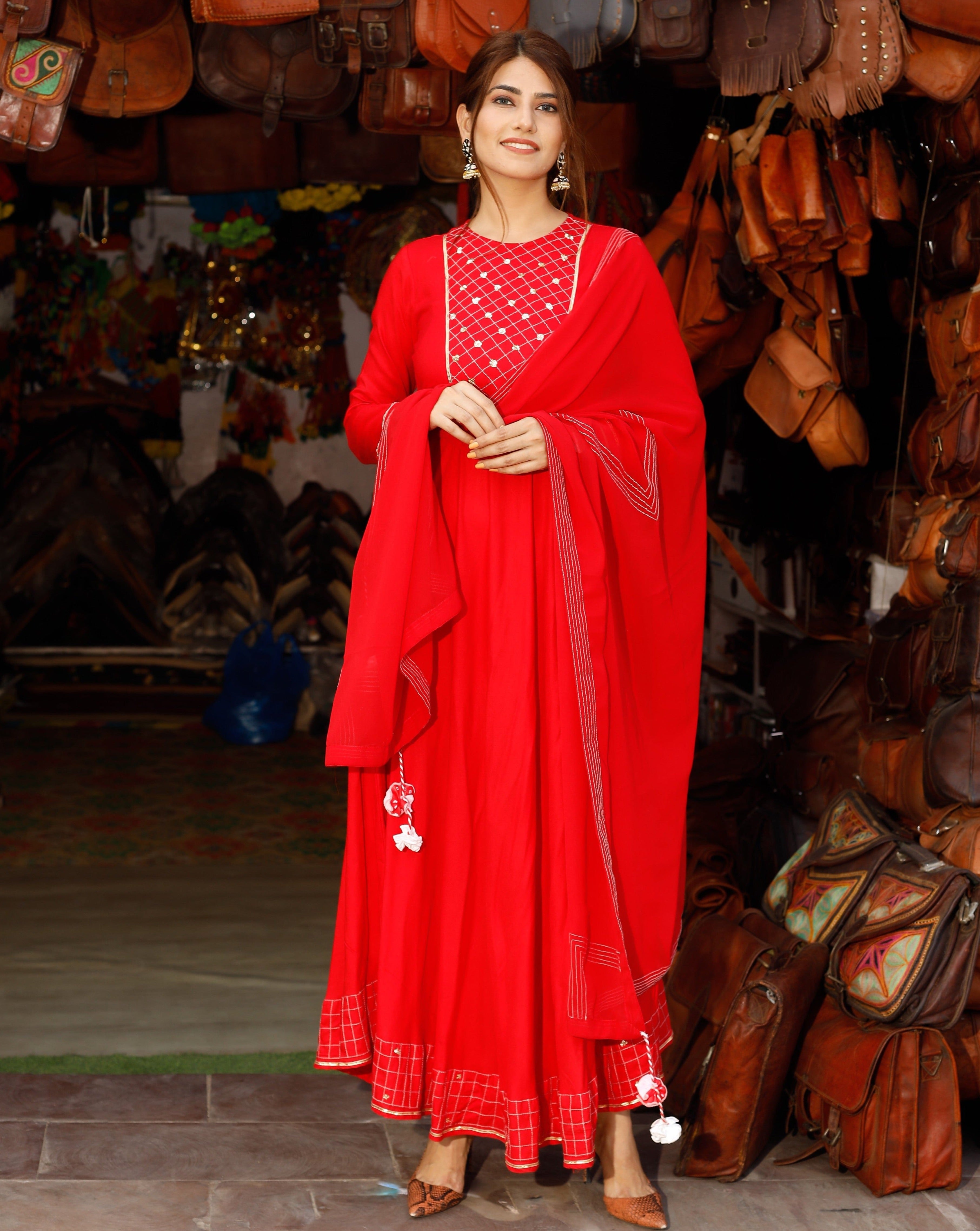 Rose Red Neck Design Long Suit Set