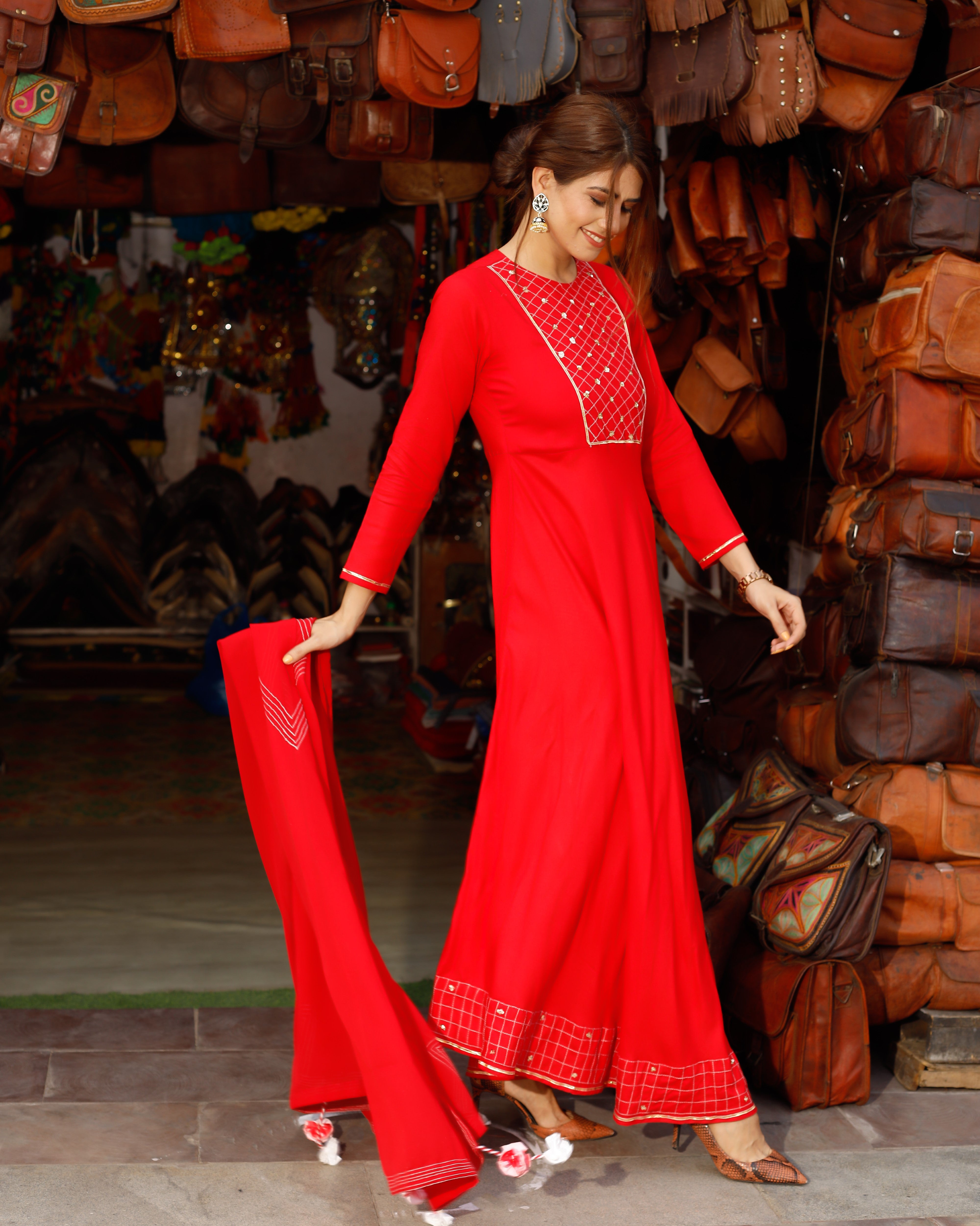 Rose Red Neck Design Long Suit Set