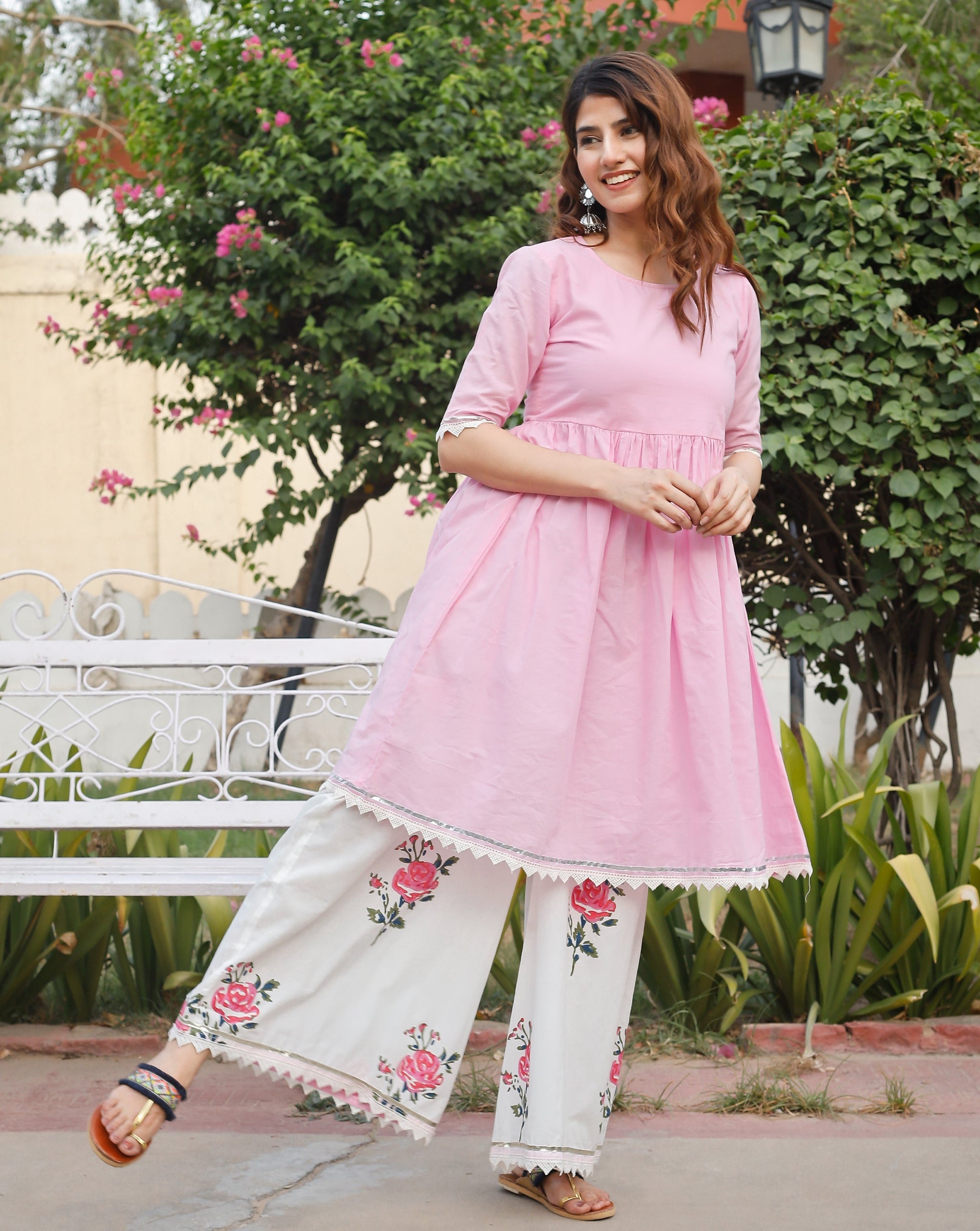 Gudhal Rose Pink Linen Block Print Kurta Set