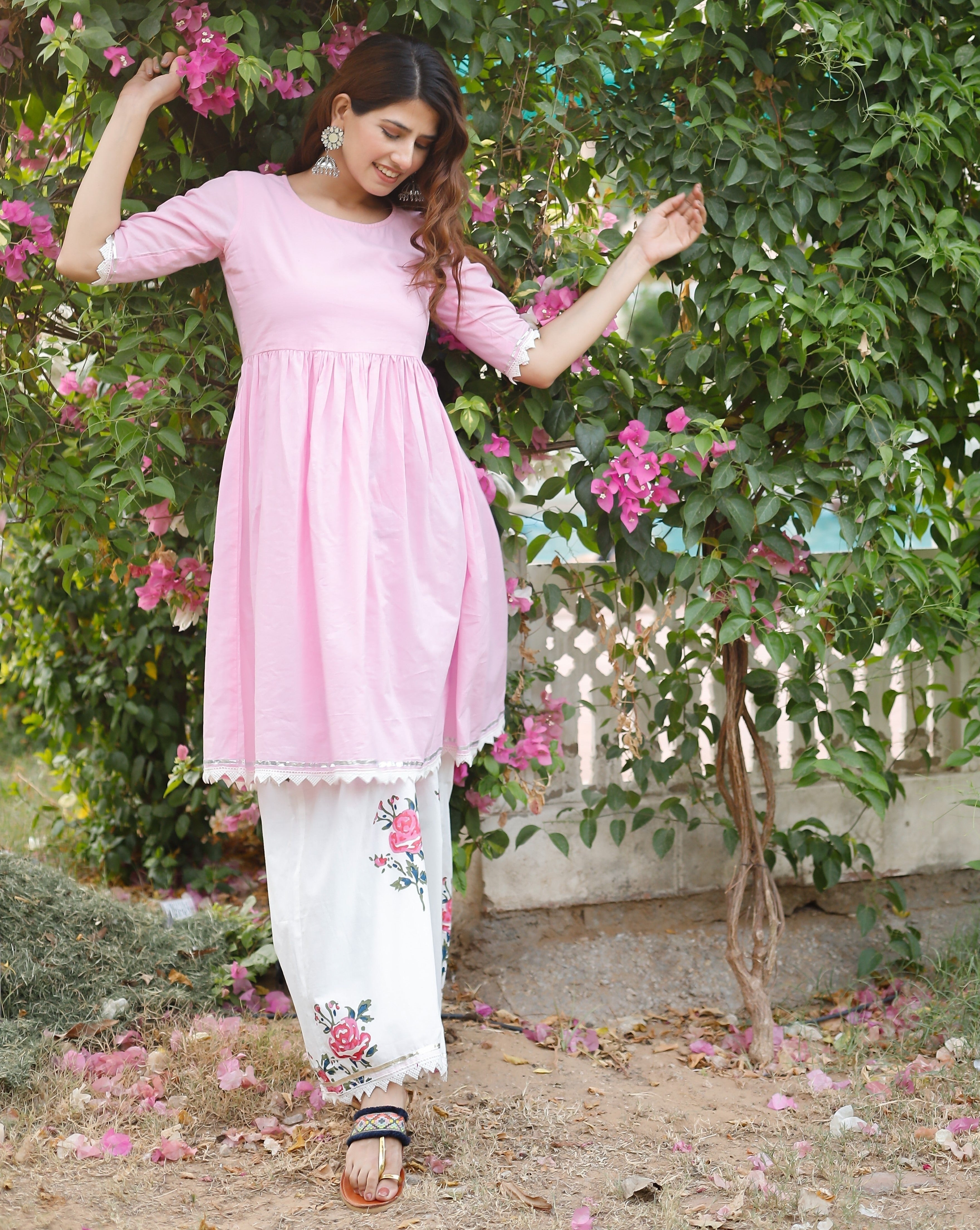 Rose Pink Handblock Kurta Set