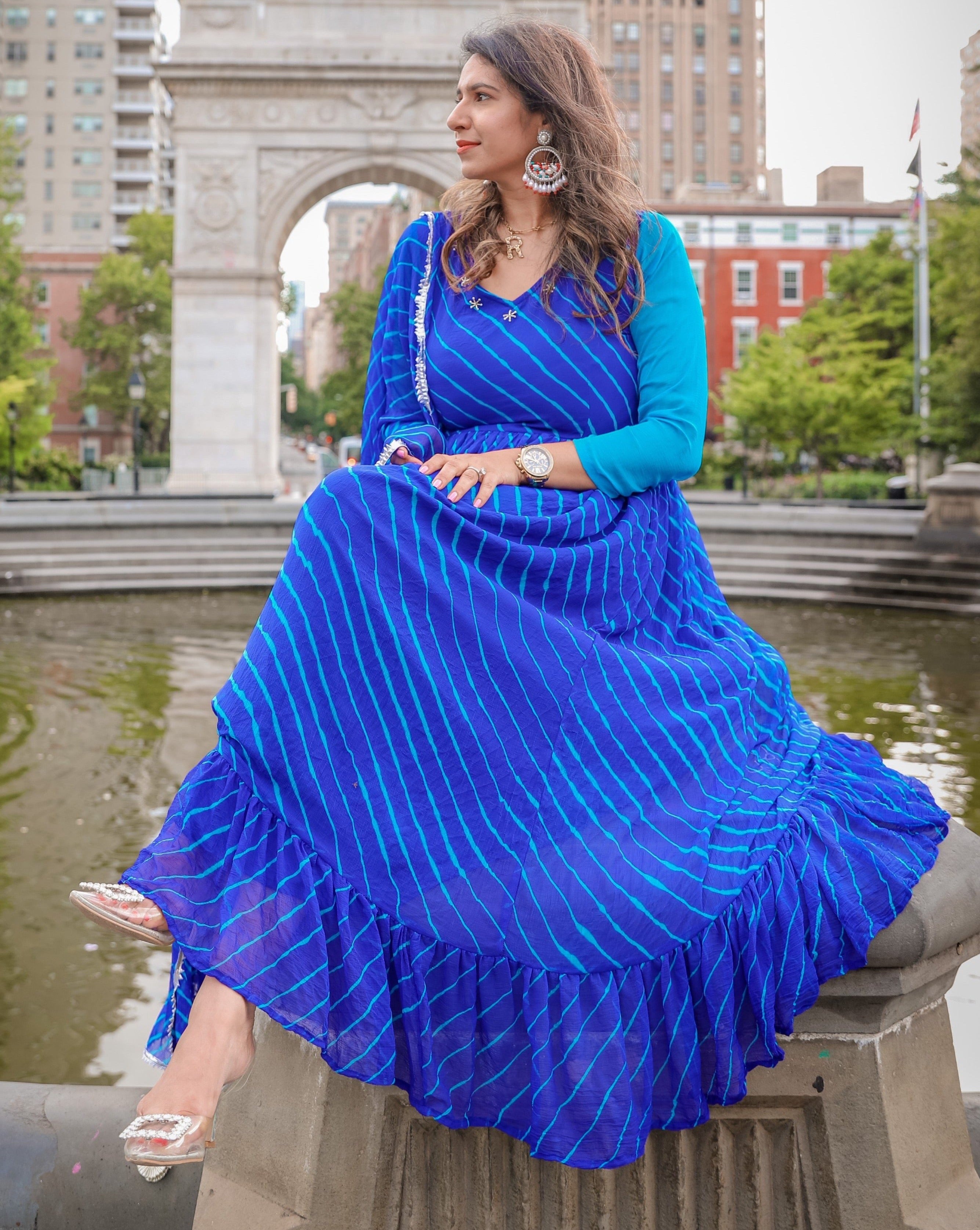 Lavish Blue Lehariya Maxi Fusion Dress