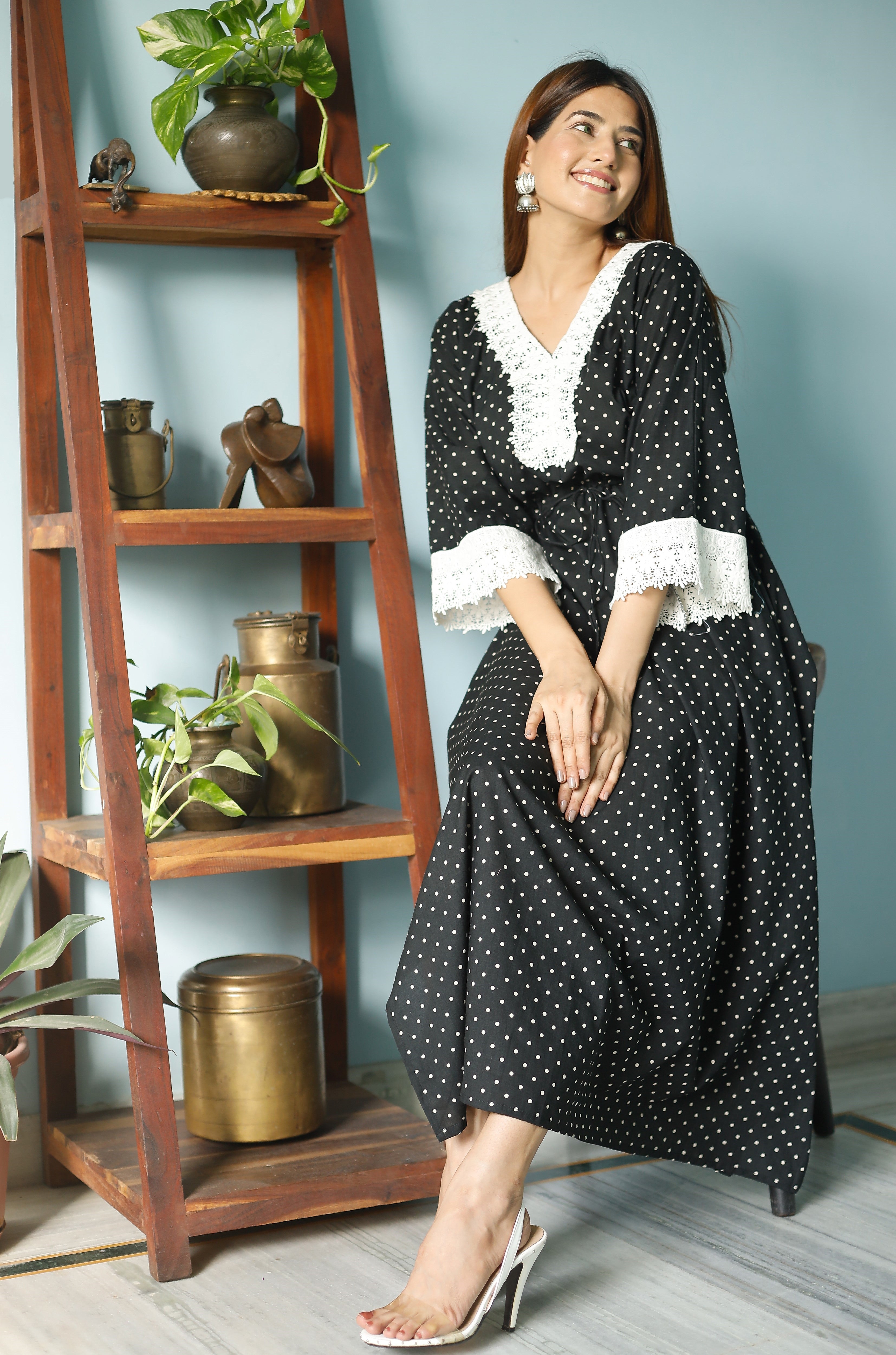 Ink Black Polka Cotton Kaftan