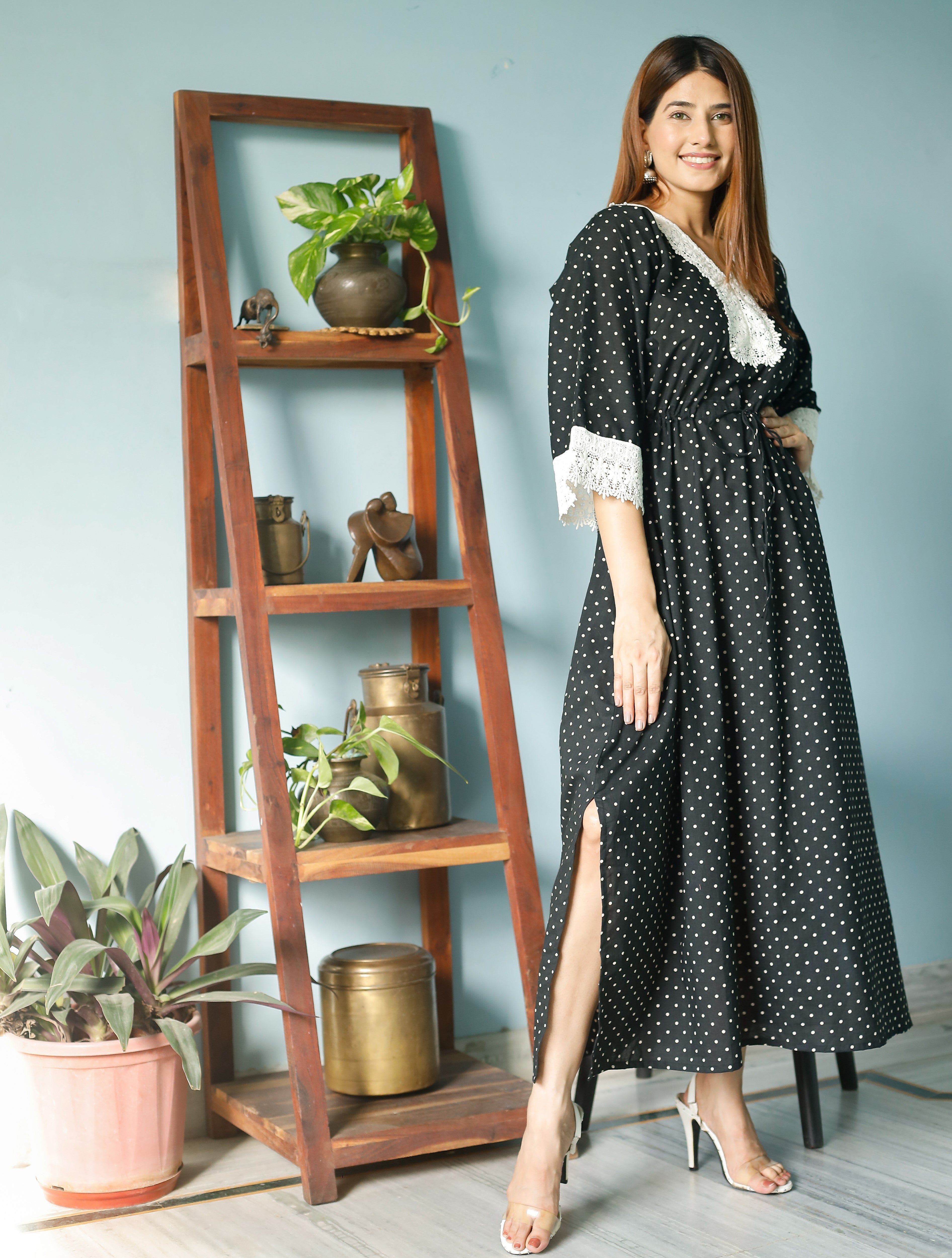 Ink Black Polka Cotton Kaftan