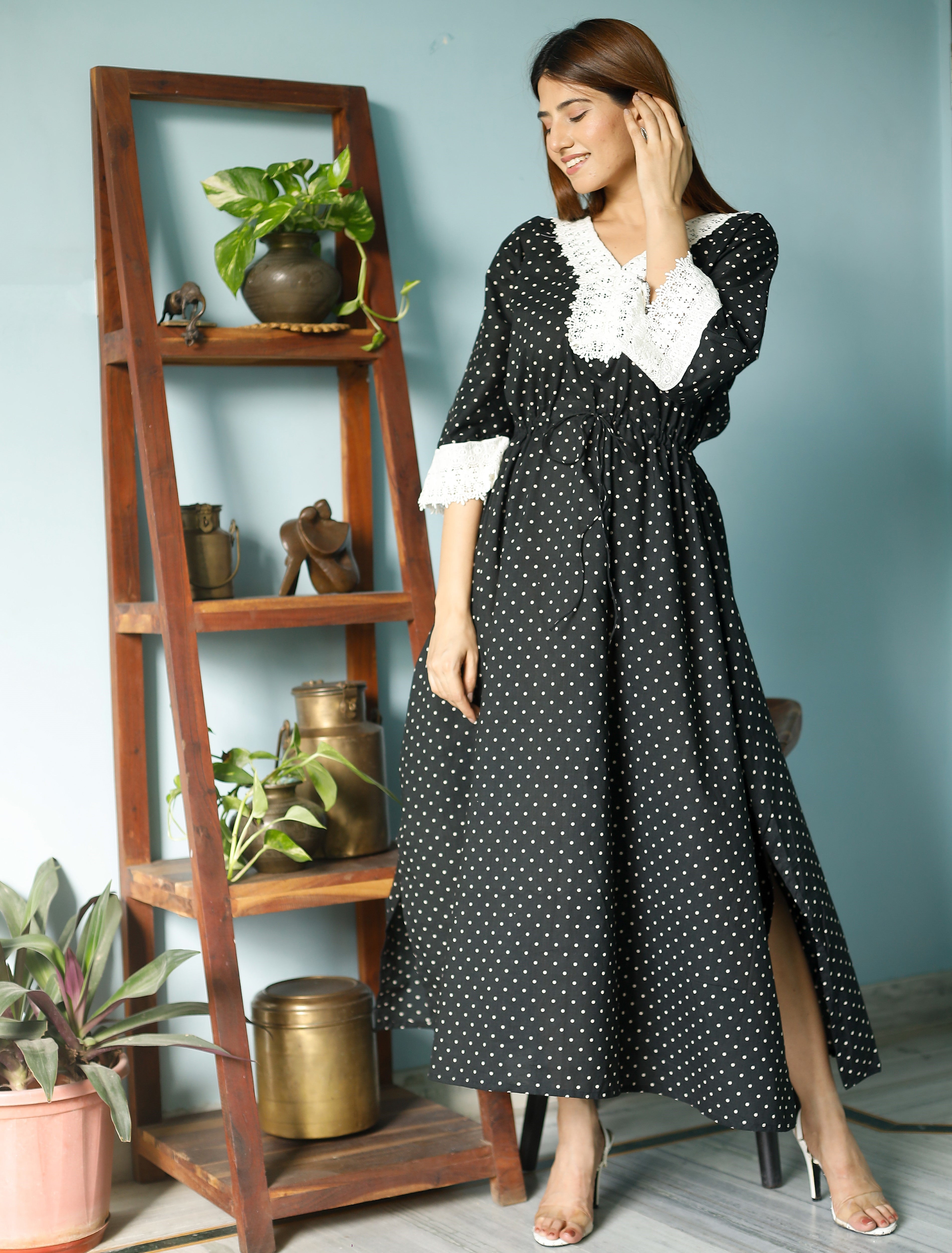 Ink Black Polka Cotton Kaftan