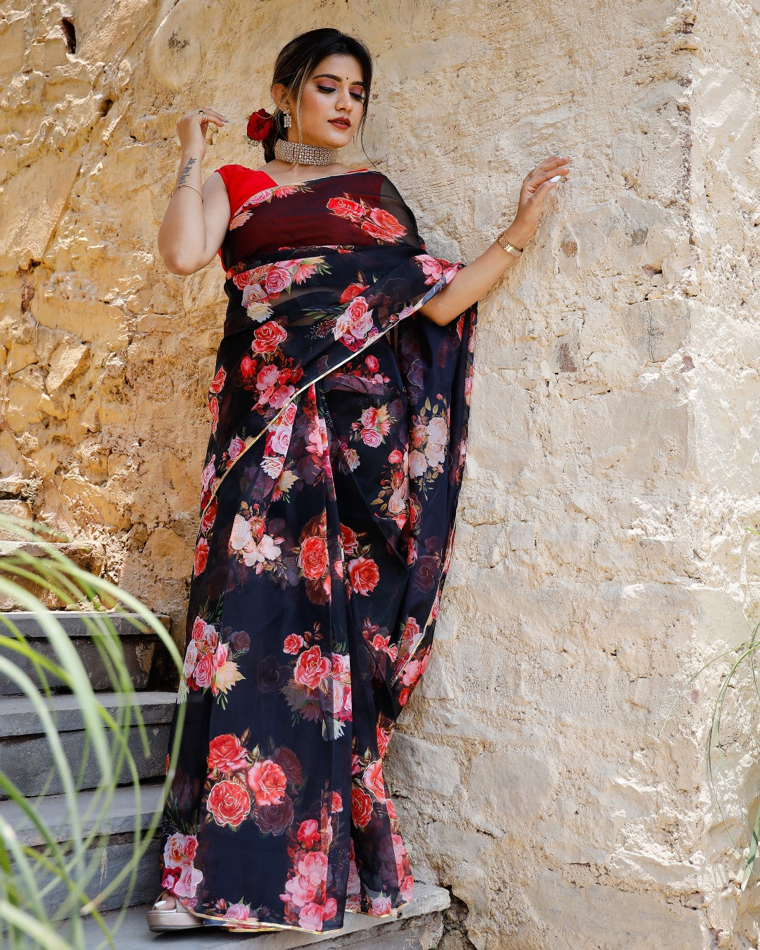 Shabnam Black Floral Organza Saree