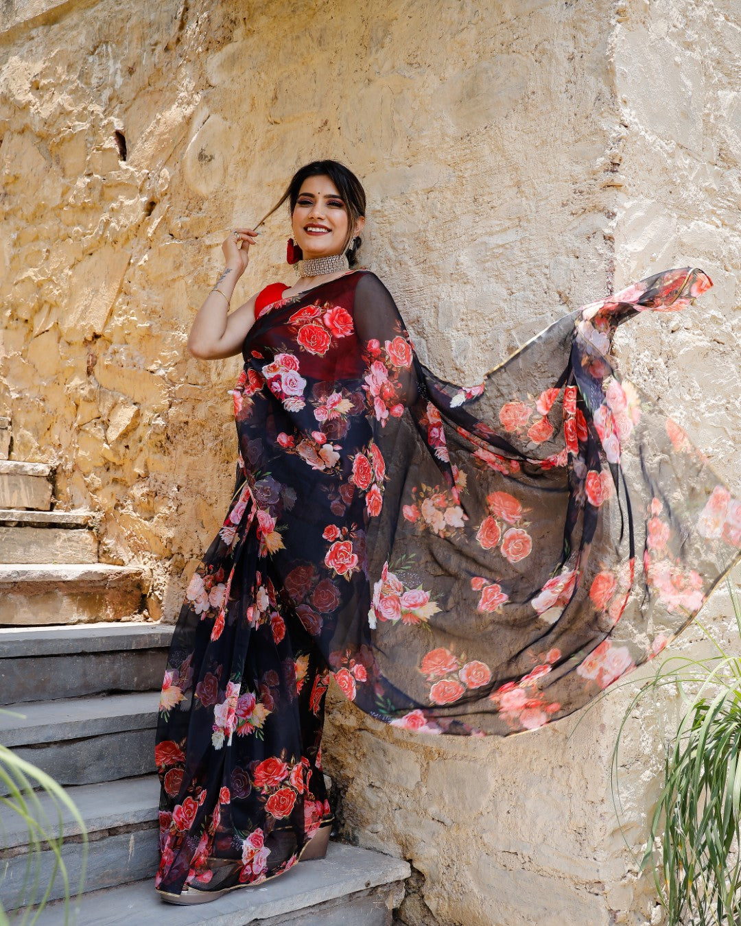 Shabnam Black Floral Organza Saree