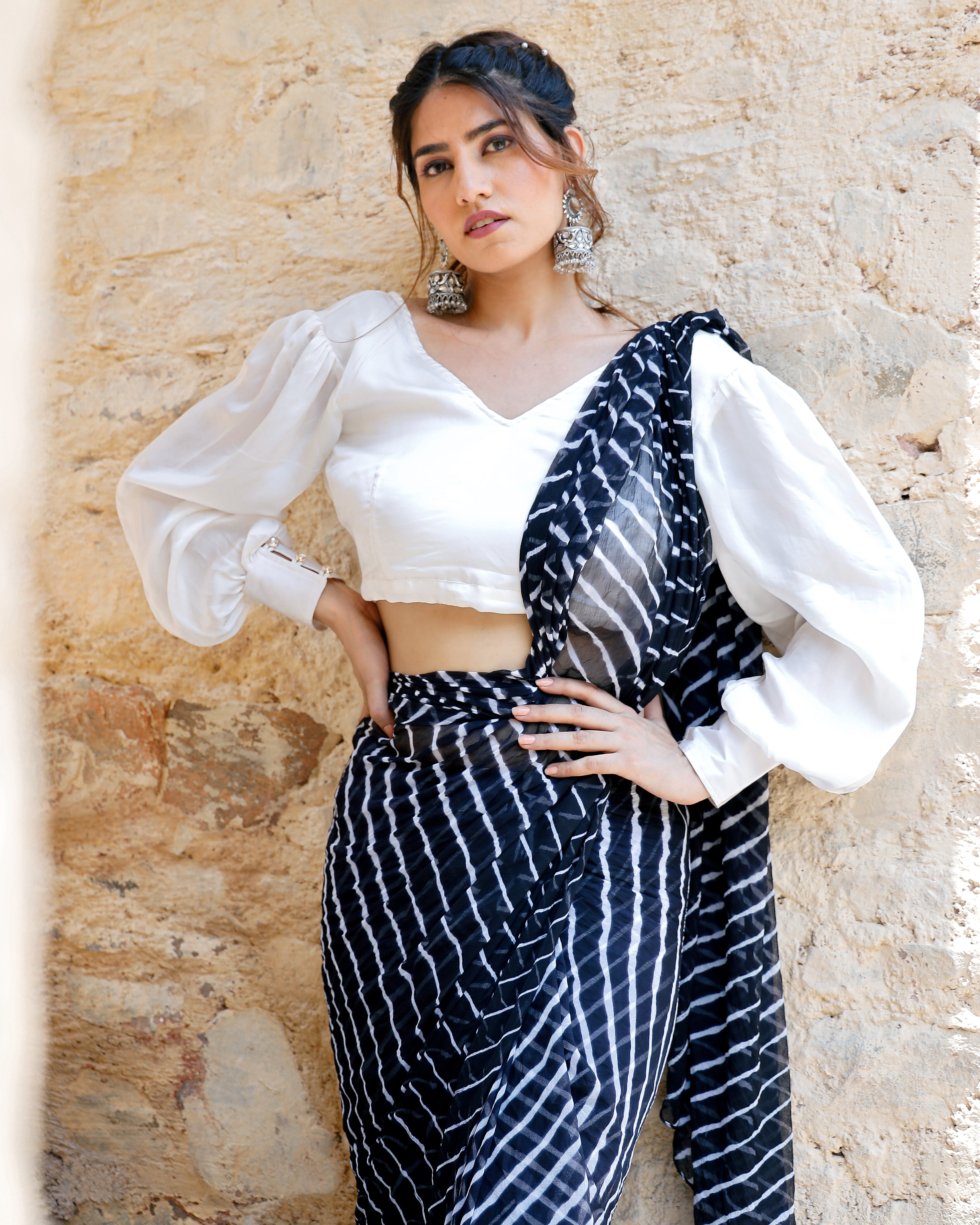 Black Embellished Leheriya saree