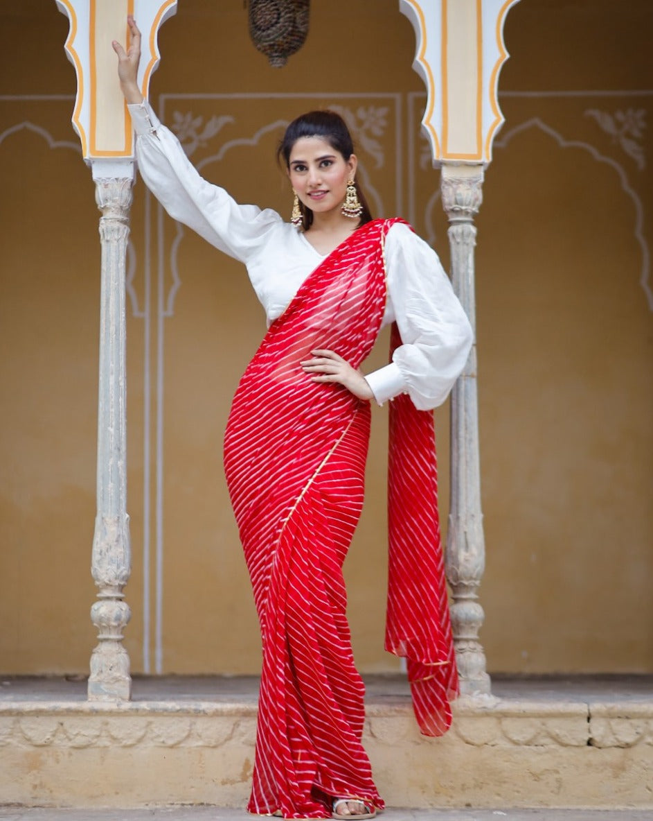 Rose Red Embellished Leheriya saree
