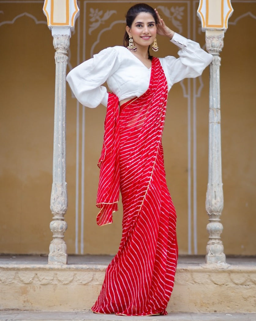 Rose Red Embellished Leheriya saree