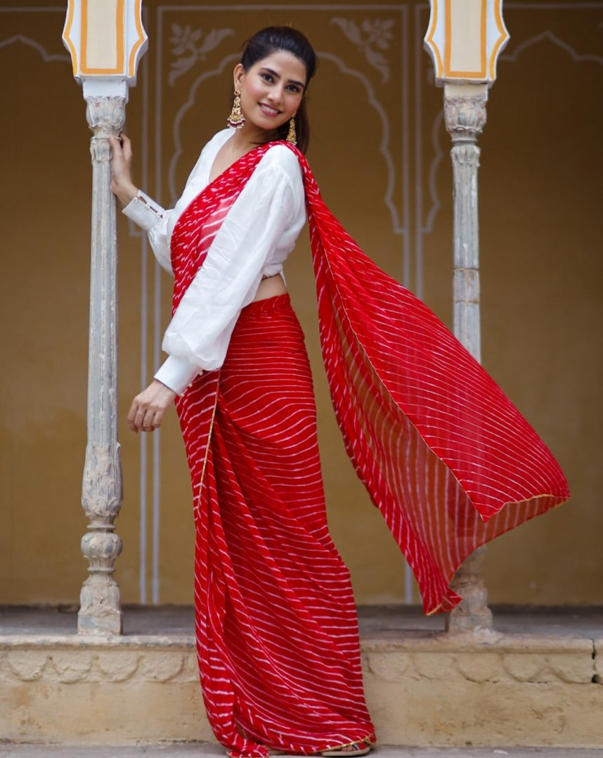 Rose Red Embellished Leheriya saree