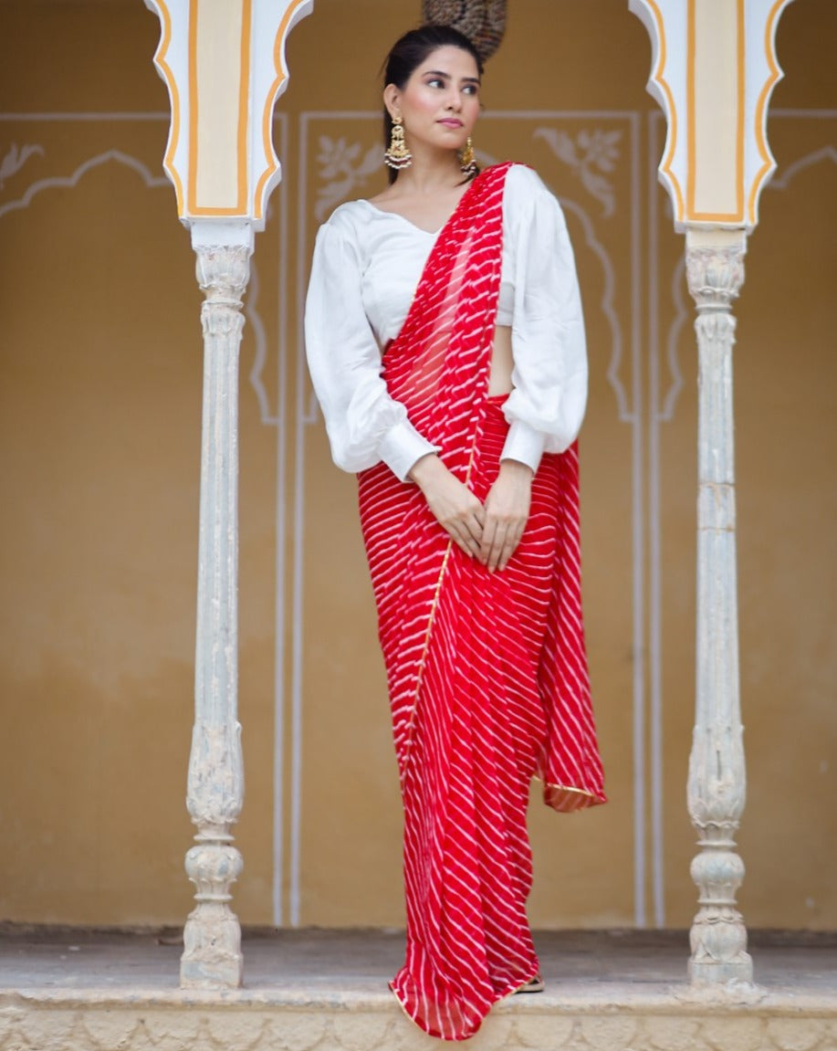 Rose Red Embellished Leheriya saree