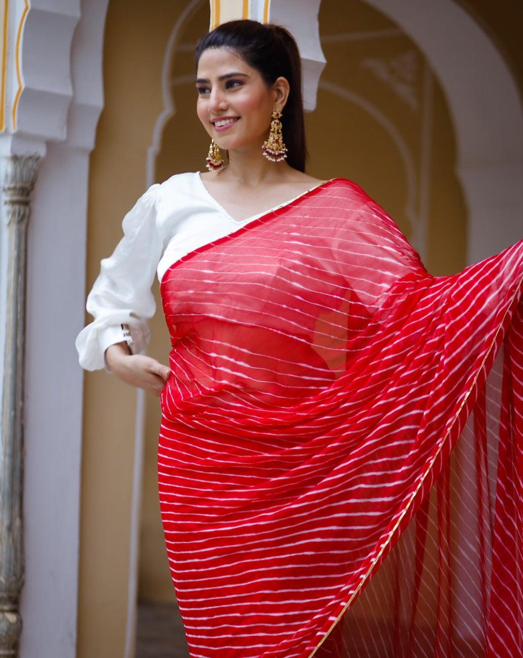 Rose Red Embellished Leheriya saree