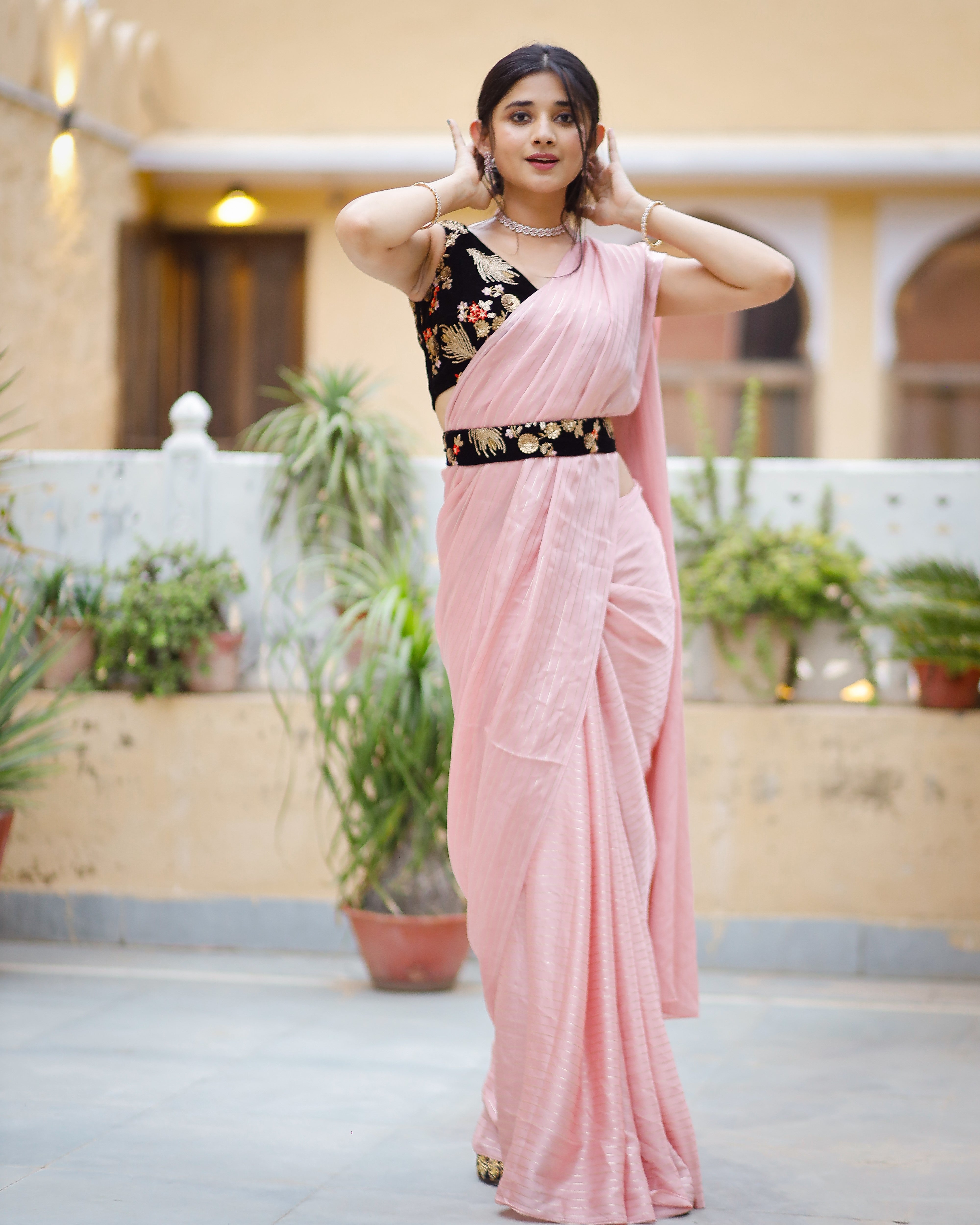 Beautiful Peach Embellished Lining Saree