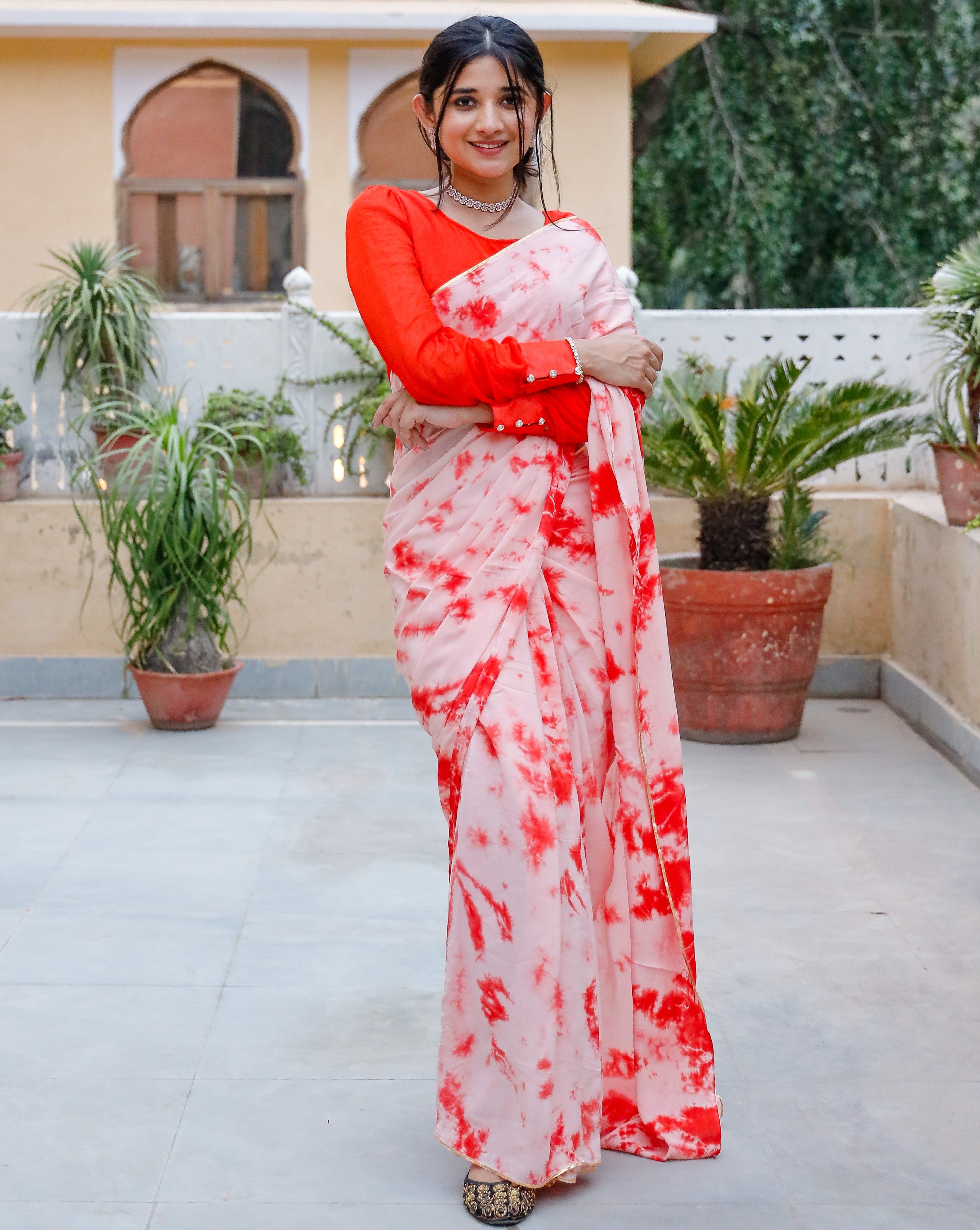Melon Orange Tie & Dye Saree
