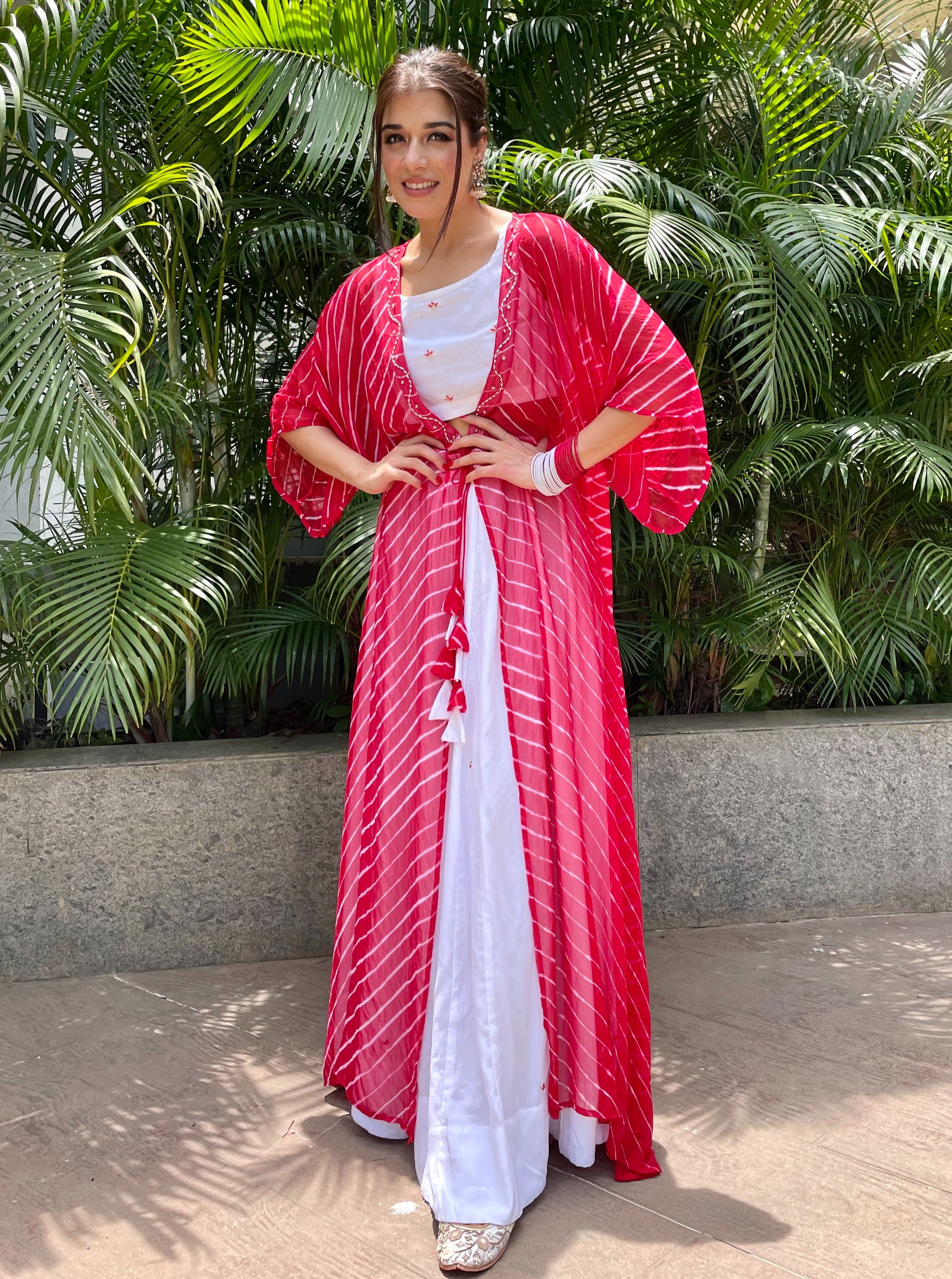 Red leheriya fusion skirt set