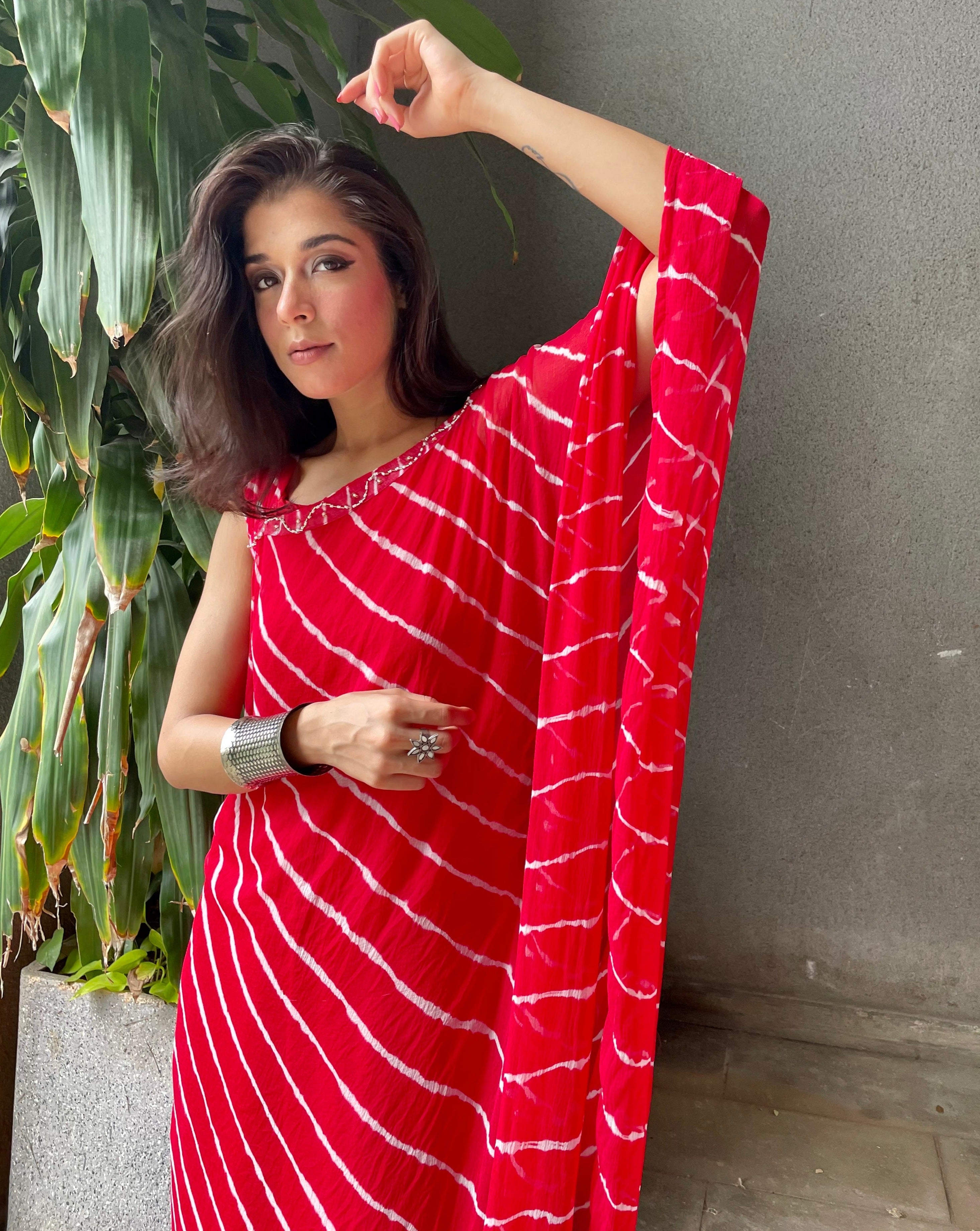 Red Leheriya Kaftan dress