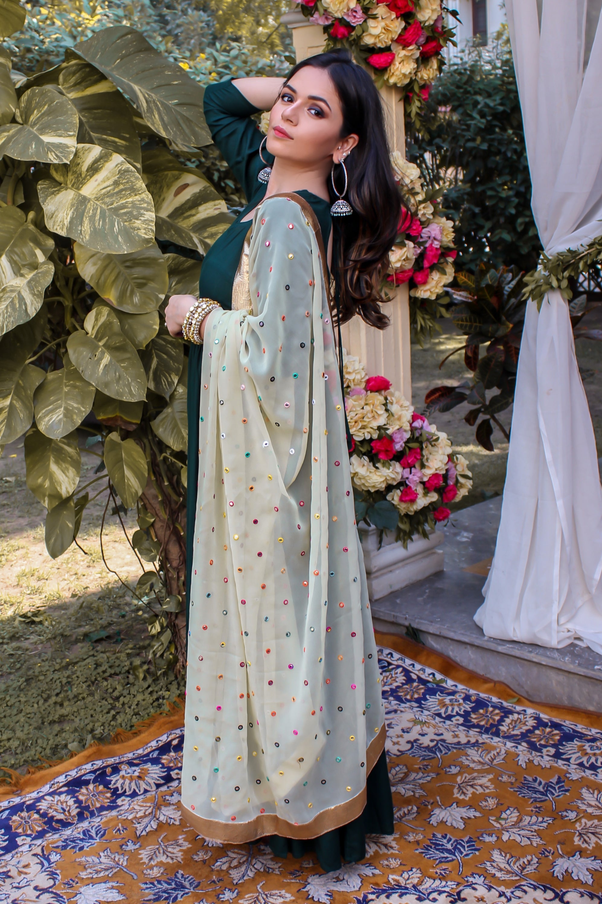 Bottle Green kanchali Neck Suit Set